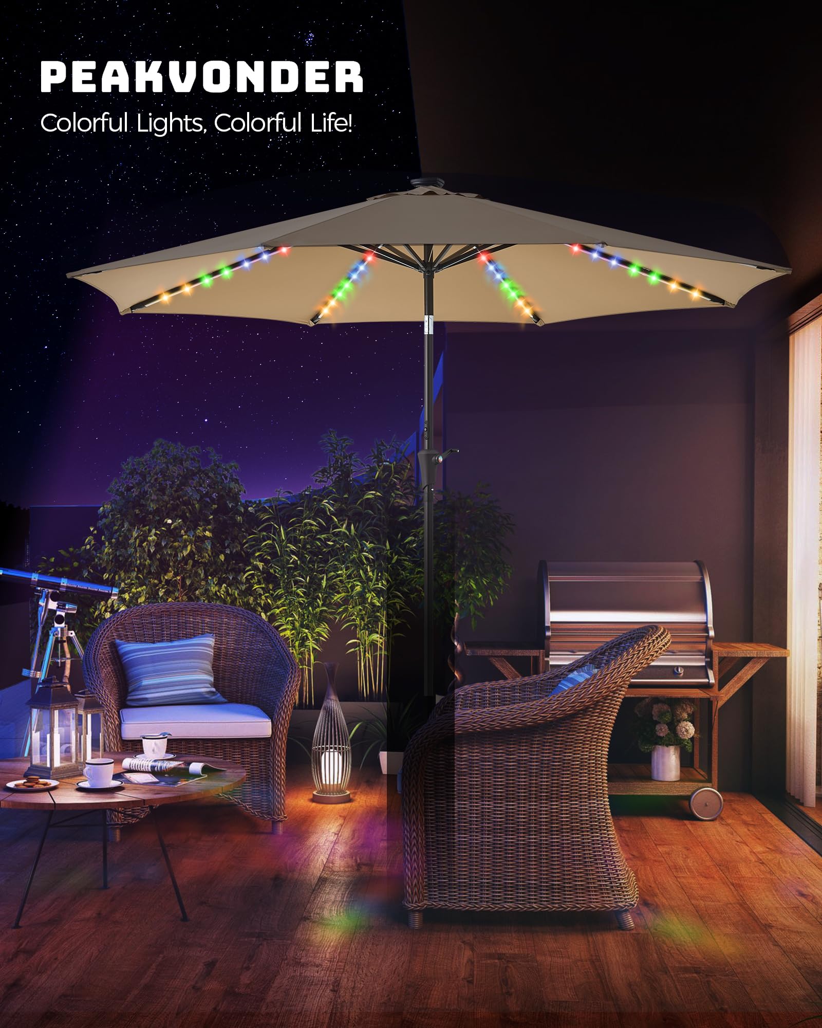 PEAKVONDER 9 ft Outdoor Patio Umbrella with Solar Lights - Large Heavy Duty Beach/Table/Pool/Deck/Market Umbrella, Dual Charging, Tilt, APP & Button Control, UV/Fade-Resistant, Tan HPU092T