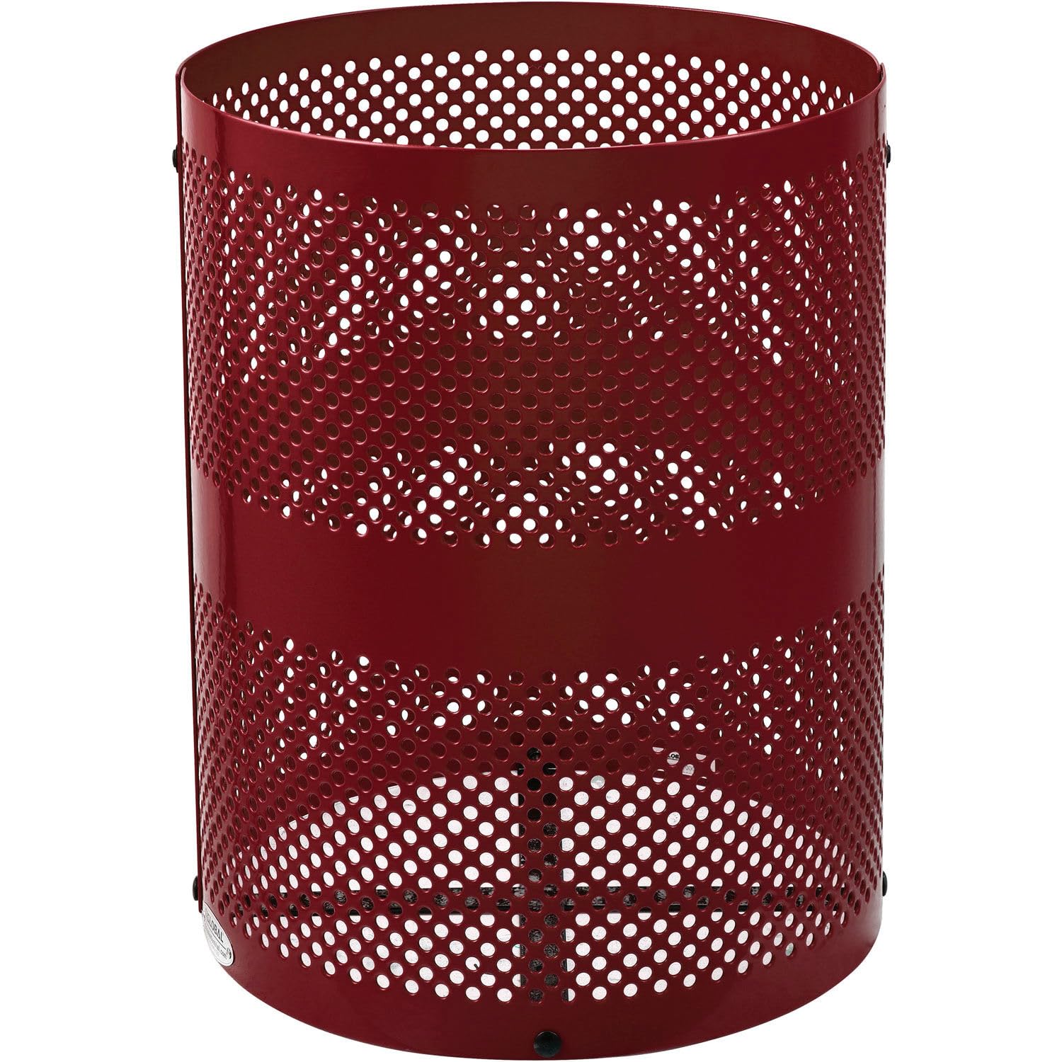 Global Industrial 32 Gallon Outdoor Perforated Steel Round Trash Can with Rain Bonnet Lid, Plastic Liner and Anchor Kit Included, 23-1/2" Diameter x 40-1/2"H, Red