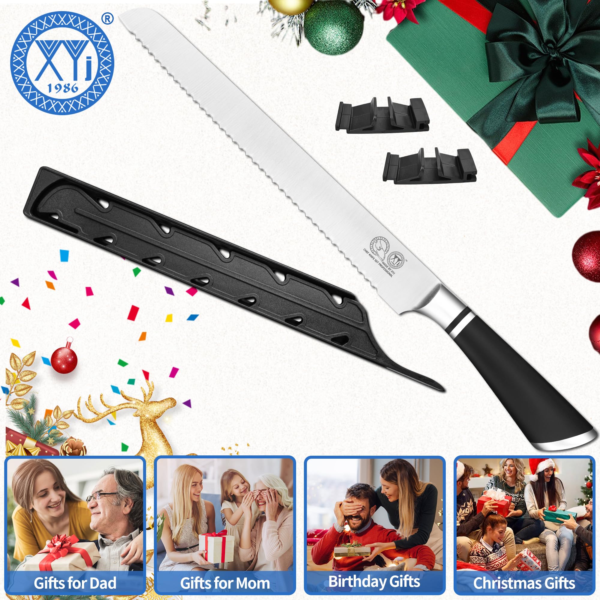 XYJ Authentic Since 1986, japoński nóż do chleba 10,5 cala, stal nierdzewna Serrated Blade Bread Cutting Knife with Cover, Serrated Cake Tool for Home Kitchen Camping