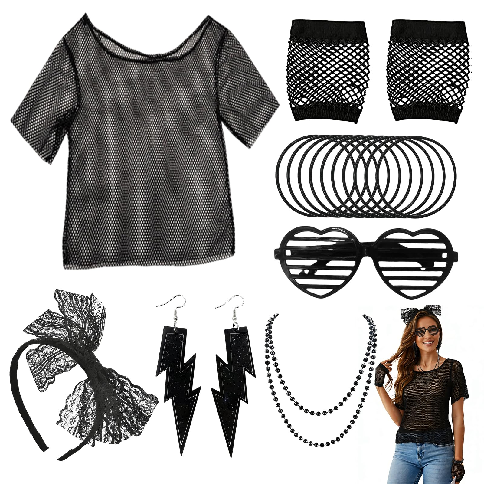 MADGININE 16 Pcs 80s Fancy Dress, 80s Accessories for Women Headbands, Earrings, Necklaces, Gloves, Bracelets, T-shirts, Glasses, Fancy Outfits for Retro Party Dress Up