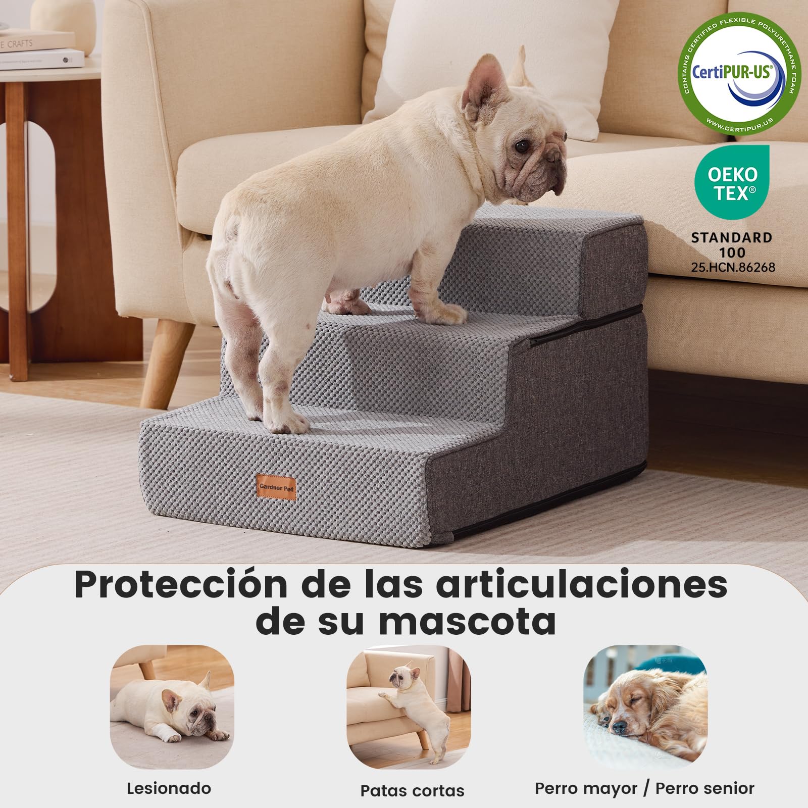 Gardner Pet Escalera para Perros Grade 3 de Espuma de Alta Densidad, 58 cm de Ancho, con Funda extraíble, Antideslizante, facilita el Acceso de Las Mascotas a sofás y Camas - Gris