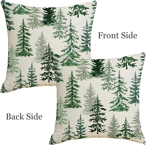 Miniatura 4 de Juego de 2 fundas de almohada decorativas de lino natural y natural de invierno de 18 x 18 pulgadas, diseño de árbol de Navidad, diseño de bosque y