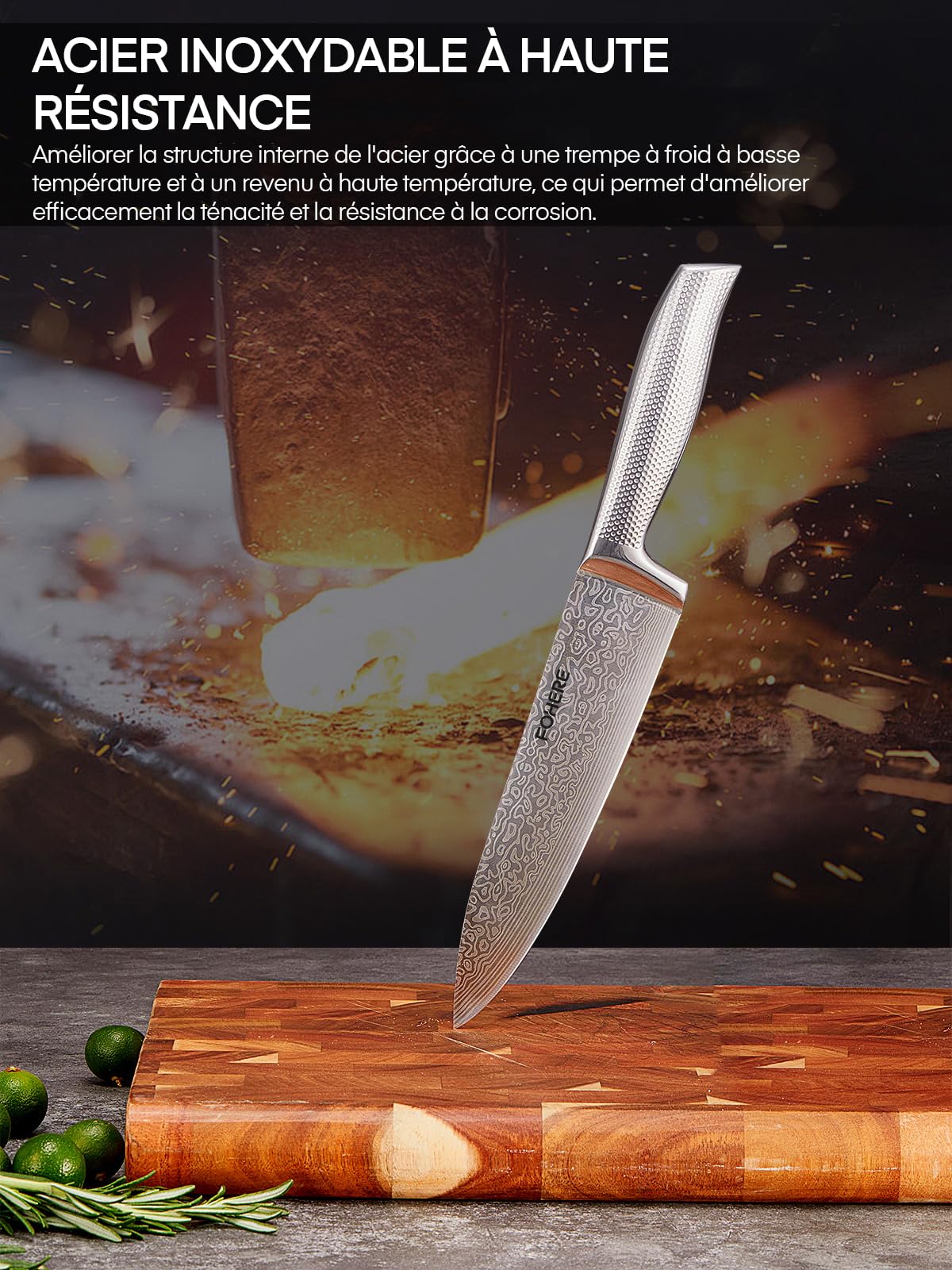 FOHERE Couteau Cuisine, 7 Pièces Set Couteaux Cuisine avec Technologie Affûteur Intégré, Couteaux de Cuisine en Acier Inoxydable, avec Bloc Couteaux en Bois