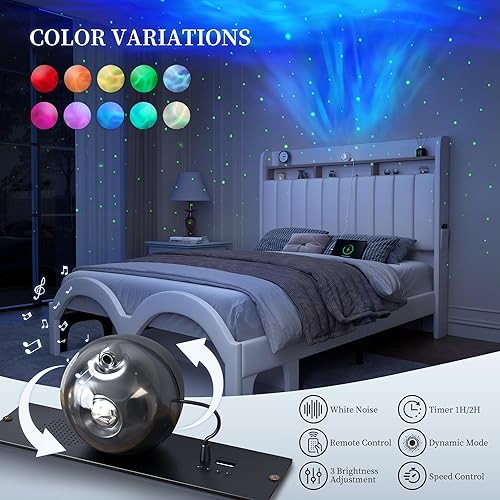 Miniatura 6 de Marco de cama Queen con cabecera de almacenamiento de 2 niveles, cama de plataforma Aurora de piel sintética con proyector Galaxy Star, marco de