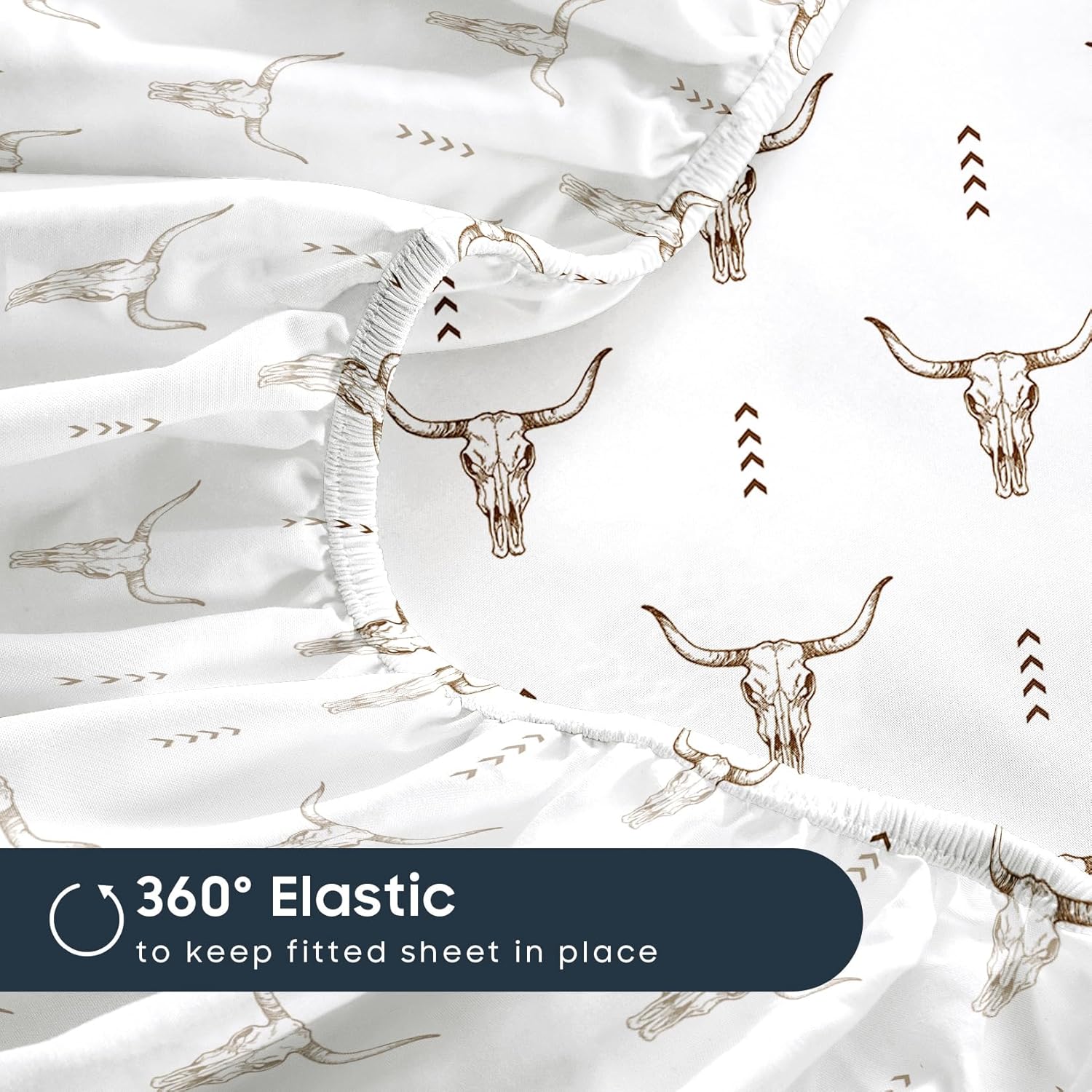 Wake In Cloud - Western Bed Sheets, 4-Piece Sheet Set, Southwestern Rustic Bull Head Aztec Style Pattern Printed Bedding, Deep Pocket, Brown White, Queen Size - Image 7