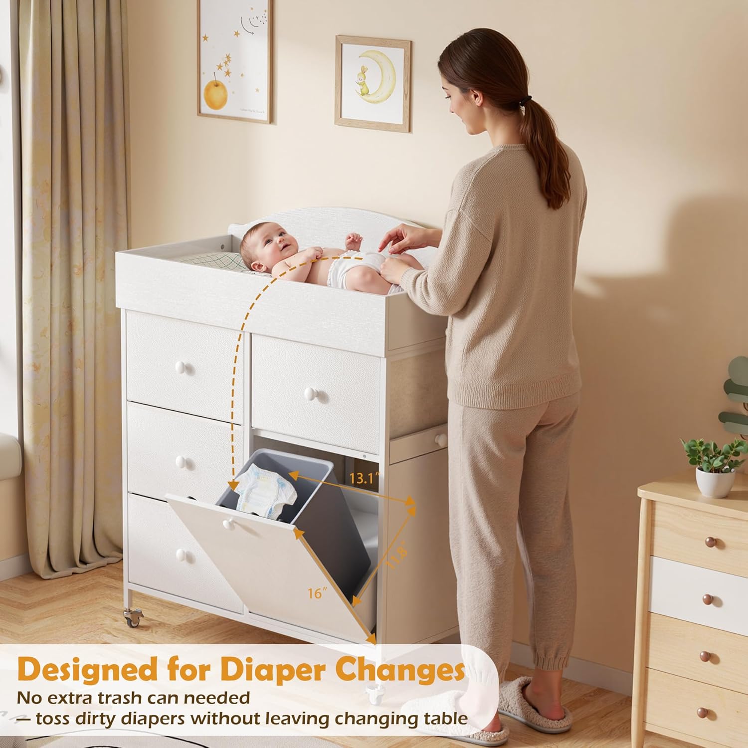 DTK Baby Dresser with Changing Table Top,4-Drawers Changing Table Dresser with Tile-Out Trash Cabinet and Pull-Out Shelf,Diaper Changing Station with Waterproof Pad and Storage for Nursery,White