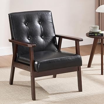 Mid-Century Modern Accent Chair, Faux Leather, Button Tufted with Wood Frame, 105 Ergonomic Design, Black