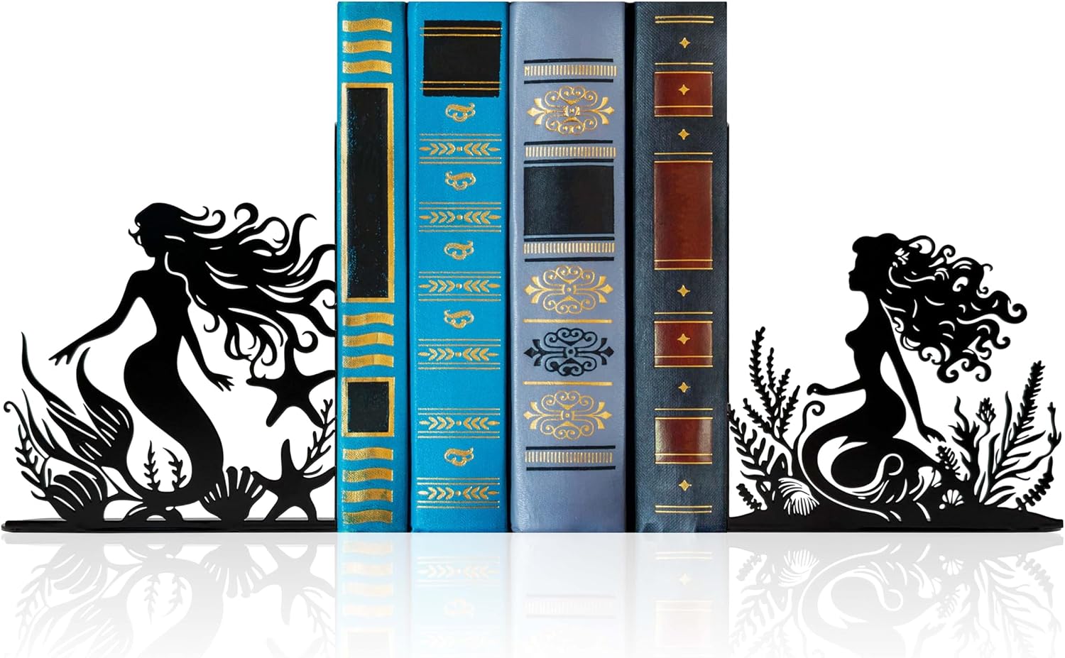 Mermaid Metal Bookends for Books, Elegant Double Siren Bookends Decorative, Ocean Theme Room Decor, Unique Mermaid Gifts for Women & Girls