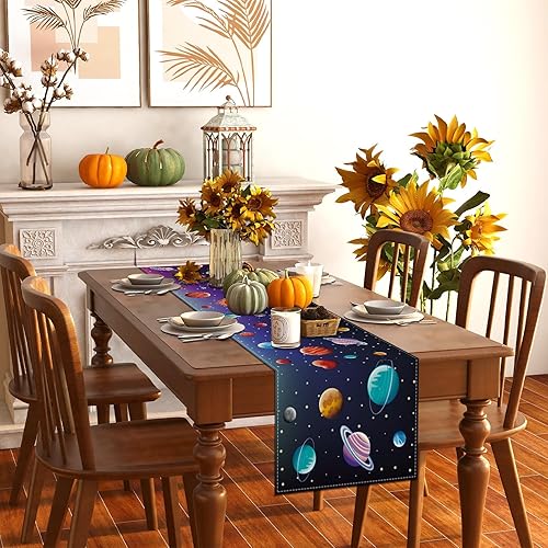 Miniatura 3 de Rvsticty Camino de mesa espacial de lino con purpurina del sistema solar planetas, mantel de galaxia, estrellas, noche estrellada, decoración y