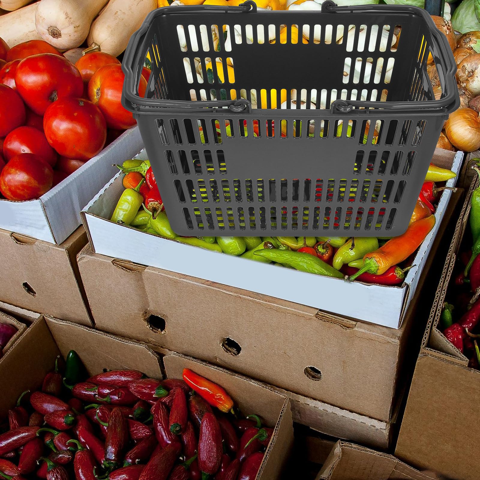 Healeved Tragbarer Aufbewahrungskorb Kunststoff 18l mit Klappbaren Griffen Organizer für Badezimmer Toilettenartikel und Küchengewürze Grauer Einkaufskorb für Supermarkt und Haushalt