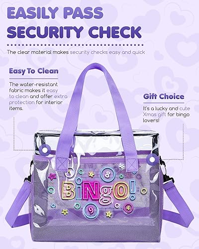 Miniatura 5 de Bolsas de bingo transparentes con bolsillos, bolsa de bingo morada con impresión de bingo de la suerte, funda de transporte para marcadores de