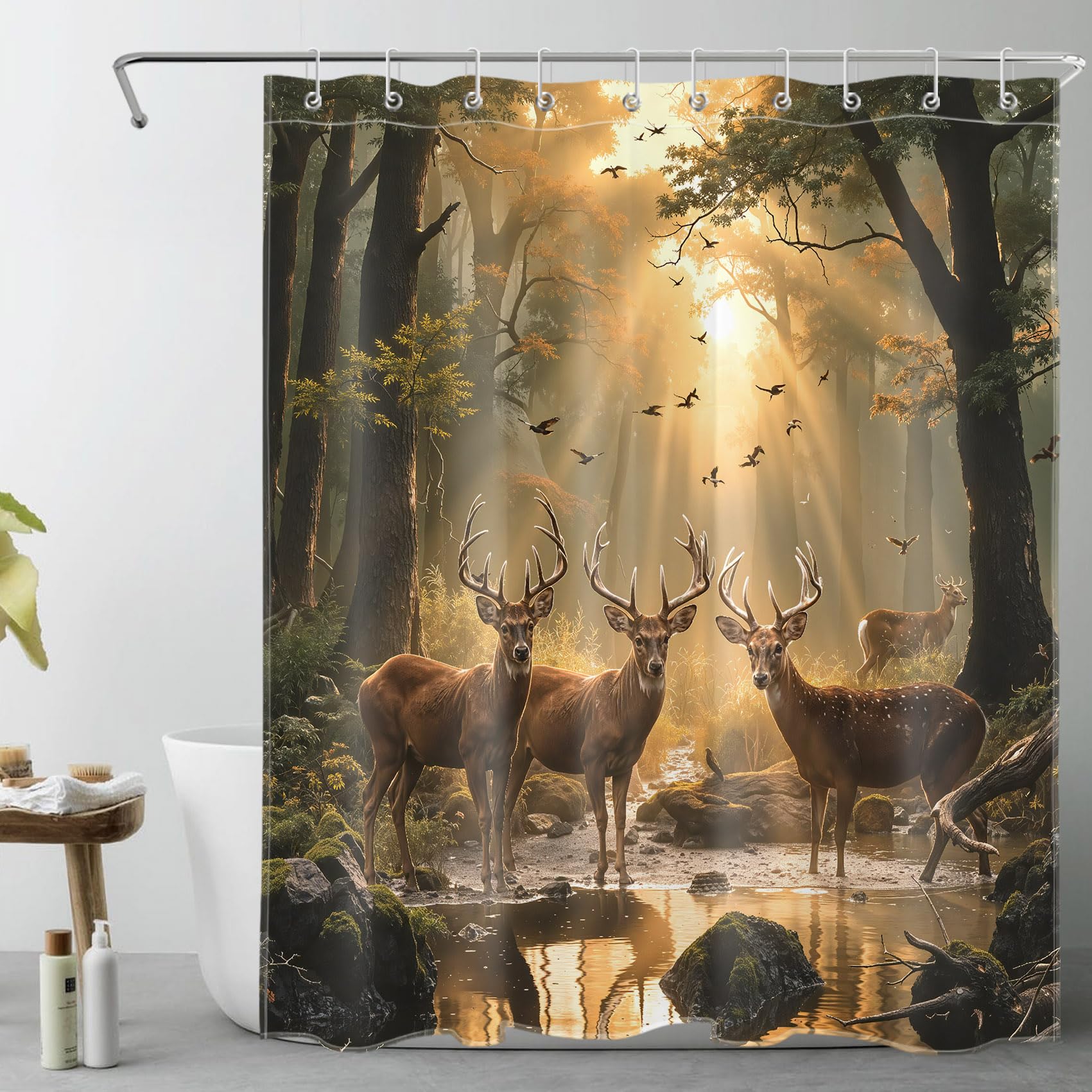 Christmas Shower Curtains Bonhause Winter Shower Curtain, Snowy Forest Deer  Cabin Pine Bathroom Curtain, image size:1701x1701