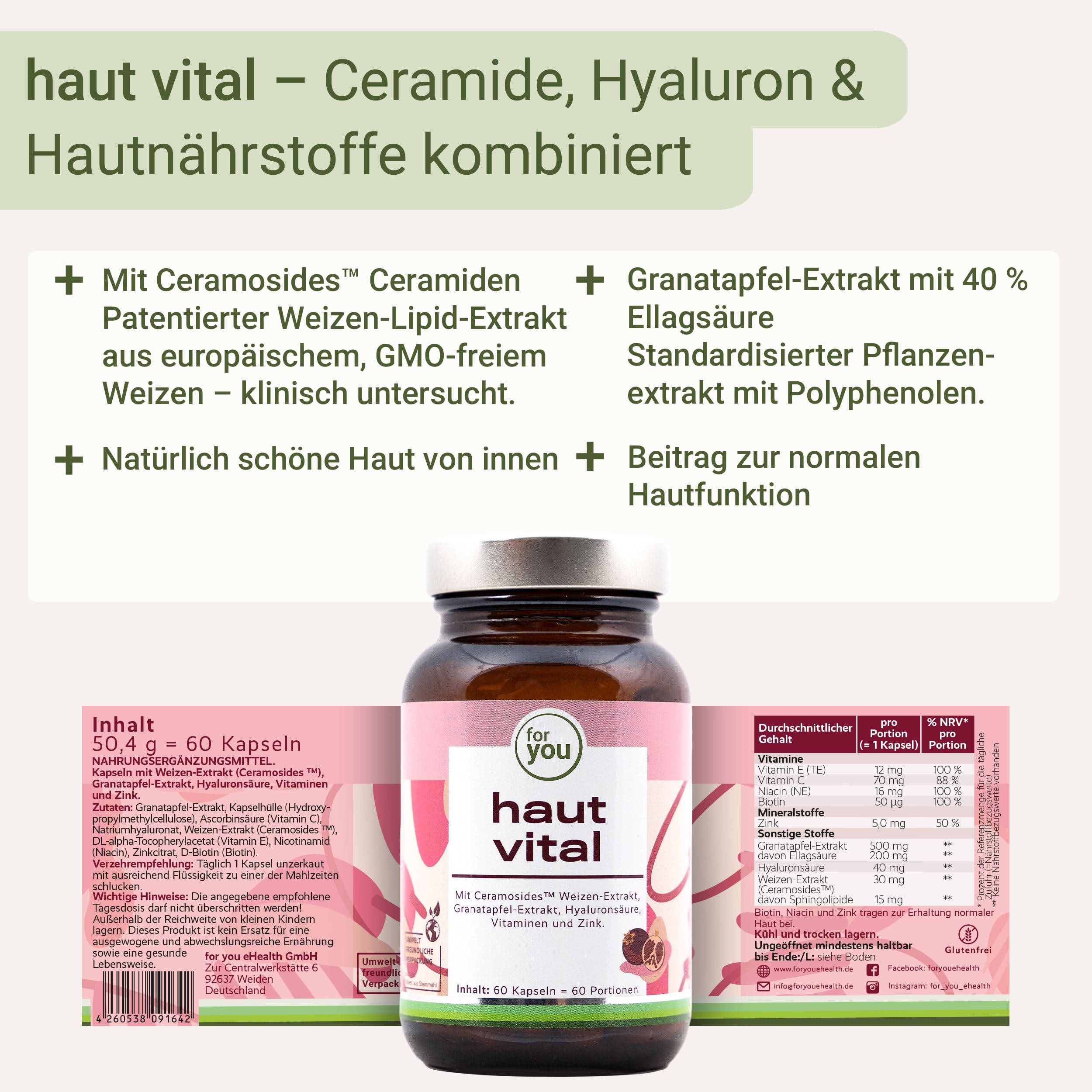 for you haut vital - 2x60 Doppelpack Kapseln mit Ceramosides™ Weizen- Lipid-Extrakt, Granatapfel-Extrakt, Hyaluronsäure, Vitaminen & Mineralstoffen zur Erhaltung normaler Haut - Schönheit von innen