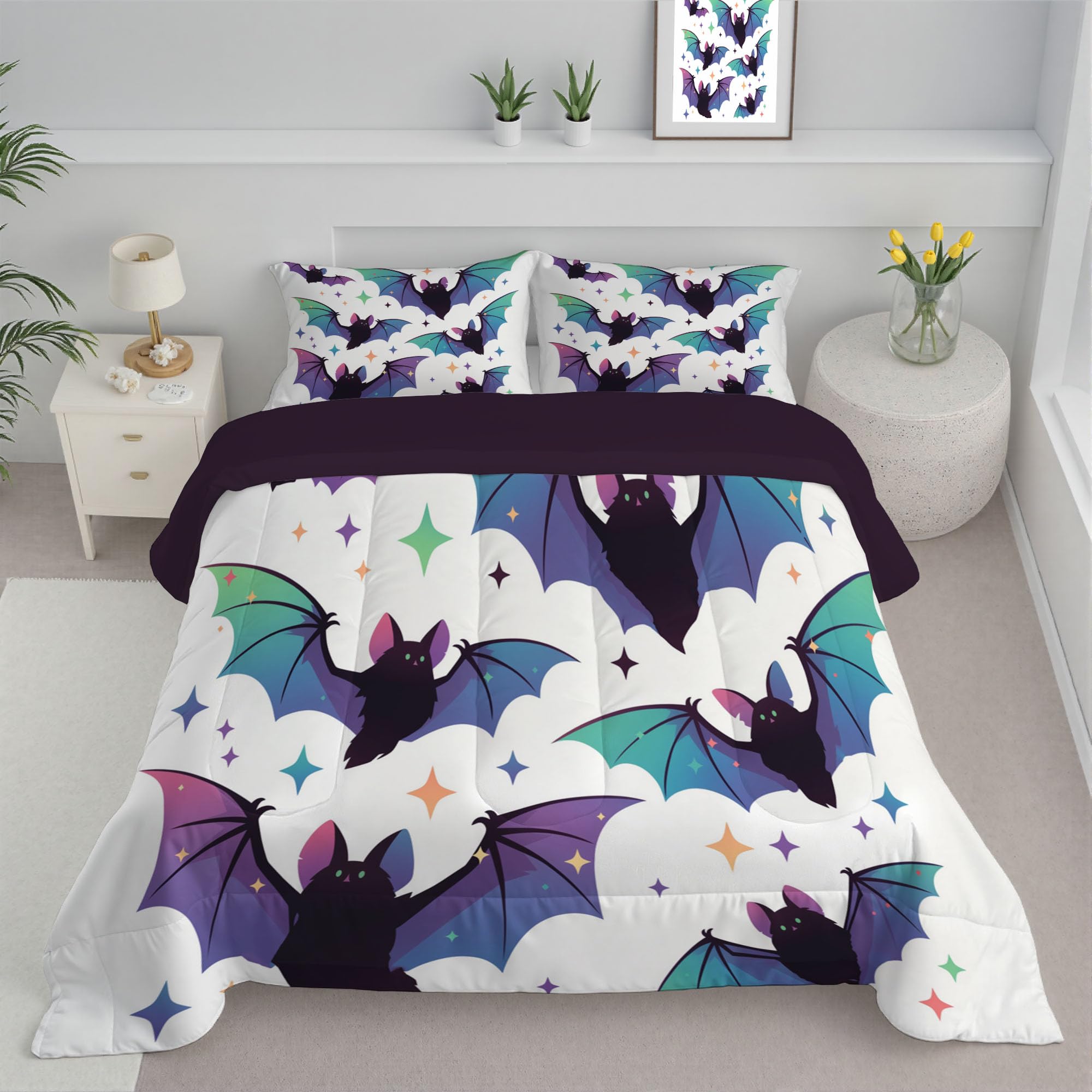 Couette sans housse lavable 240x220 cm motif chauve-souris violet foncé pour lit double quatre saisons