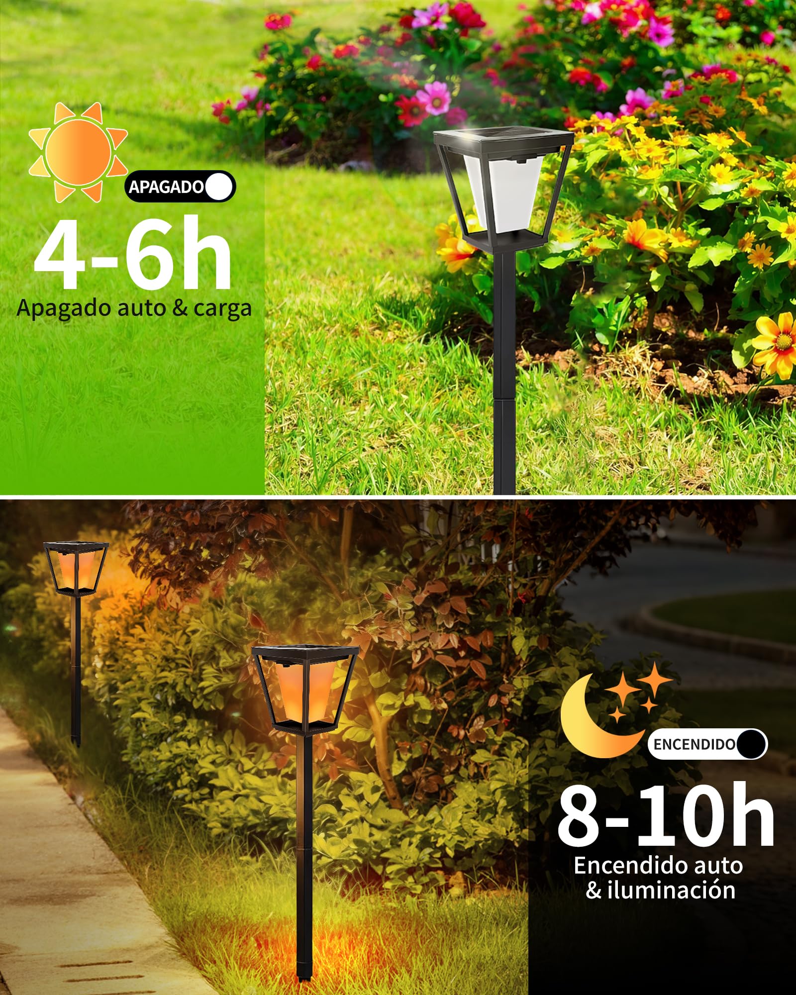 6 lámparas solares para exteriores con efecto de llama parpadeante, inalámbricas | 2 modos (luz blanca cálida/llama parpadeante), impermeable IP65, encendido y apagado automático, estaca para jardín o terraza