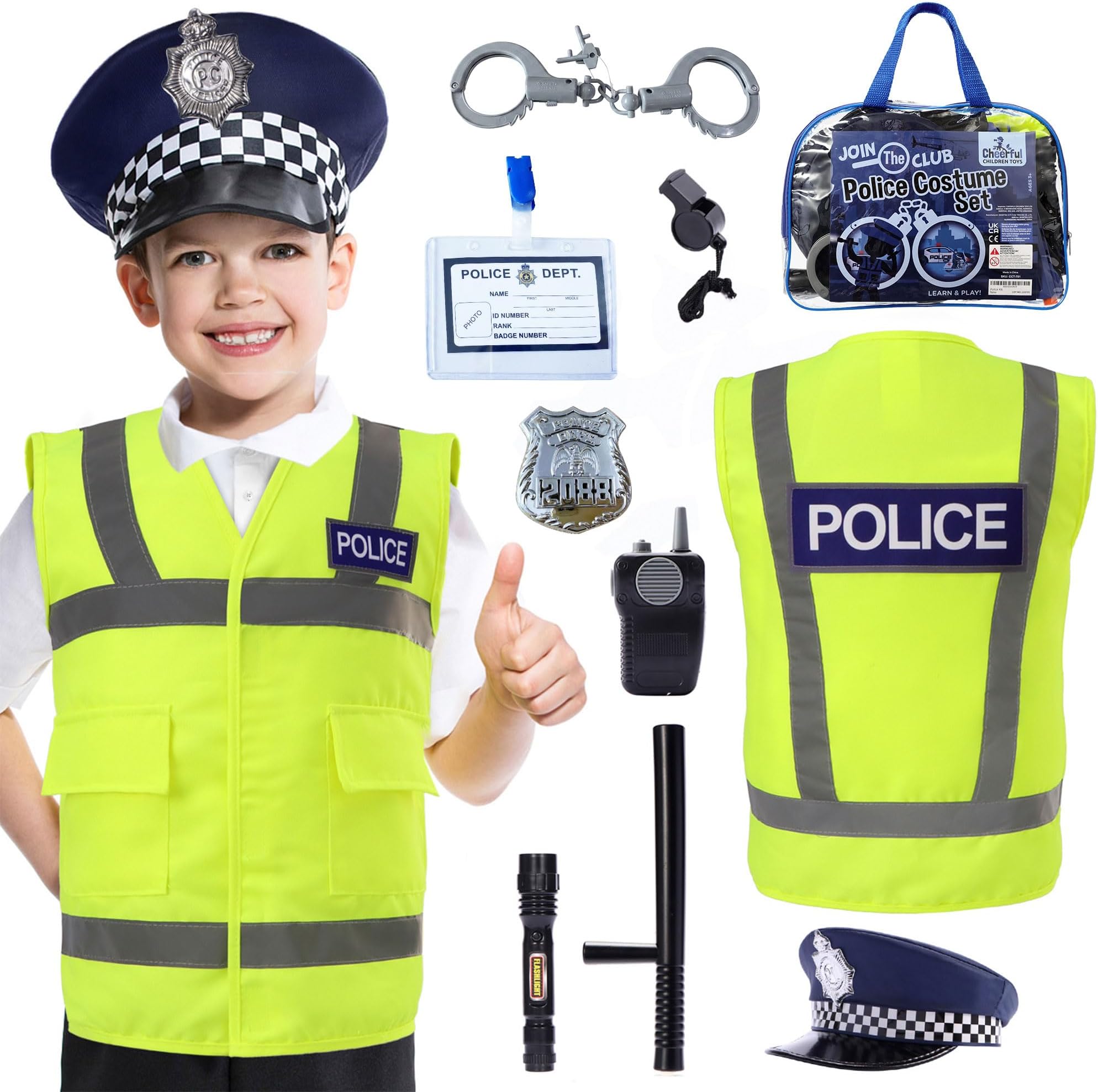 Cheerful Children Toys Kids Police Costume - 10 Pcs Police Officer Outfit Dress Up - Ideal for Boys & Girls Aged 3-7 - Include Vest & Hat - Kids Fancy Dress for Roleplay, Halloween, & STEM Learning