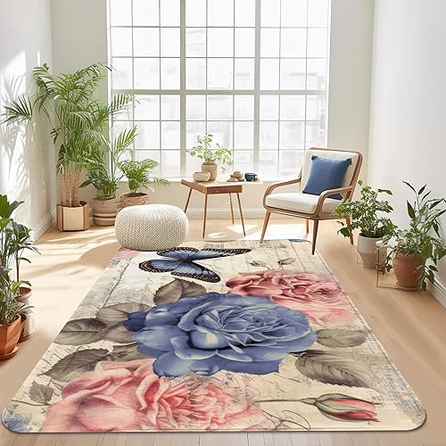 Miniatura 7 de Area Rugs - Alfombra lavable de 5 x 7 pulgadas, diseño de flores rosas con mariposa, alfombra suave y delgada, antideslizante, para interiores, no