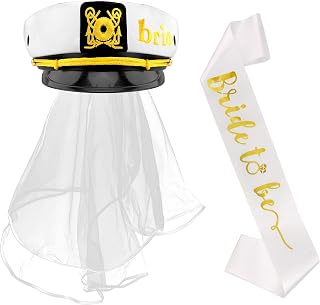 Bride to Be Sash Bride Hat with Veil for Women Captain Hats for Bachelorette Party White Sailor Wedding Nautical Favor Yacht Captains Bridal Shower Decorations Beach Boat Party