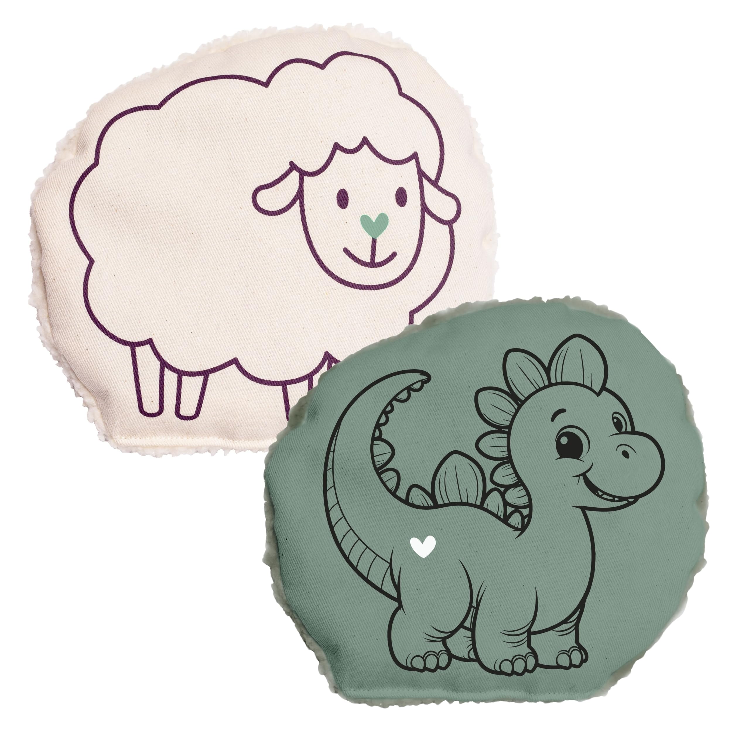 HERBALIND Kinderset 2x Kirschkernkissen für Kinder und Babys Dino & Schaf - 100% Baumwolle Plüsch Wärmekissen, wärmende Kissen 19x19 cm als Wärmflasche mit Kirschkernen