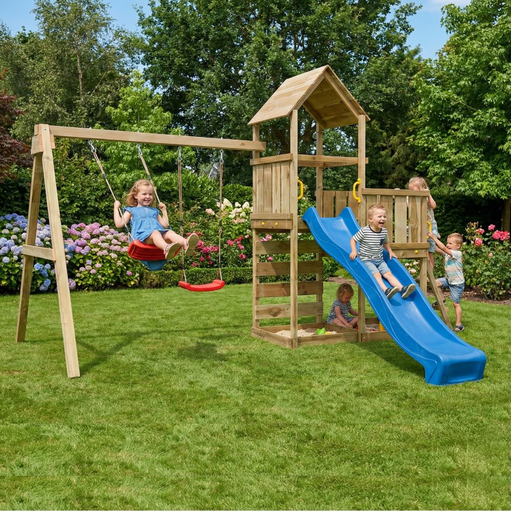 Gioco da Giardino in Legno Maxplay 3.2 con Torre a 2 Livelli, Scivolo 2,2 m, Doppia Altalena e Parete Arrampicata – Parco Giochi Completo con Sabbiera, 356x395x262 cm, Legno Impregnato (Blu)