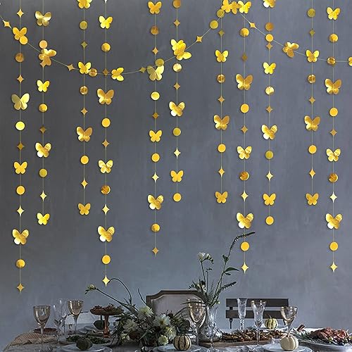 Guirnalda de mariposas doradas de 40 pies para colgar en papel metálico con diseño de lunares, estrellas, mariposas, serpentina, banderina, para