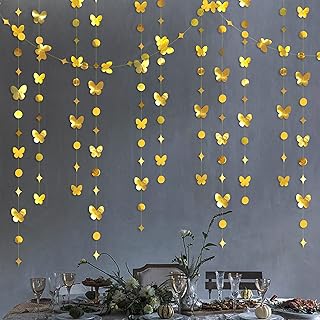 40 Ft Gold Butterfly Garland Metallic Paper Hanging Polka Dots Star Butterflies Streamer Banner for Spring Engagement Wedding Bridal Shower Baby Shower Bachelorette Birthday Party Decorations Supplies