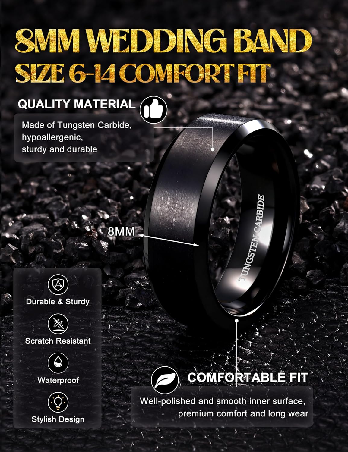 Jstyle Tungsten Mens Wedding Band 8MM Wedding Ring for Men Matte Surface - Beveled Polished Edge Anniversary Promise Rings, Men Ring Jewelry Comfort Fit Size 6-14 - Image 2