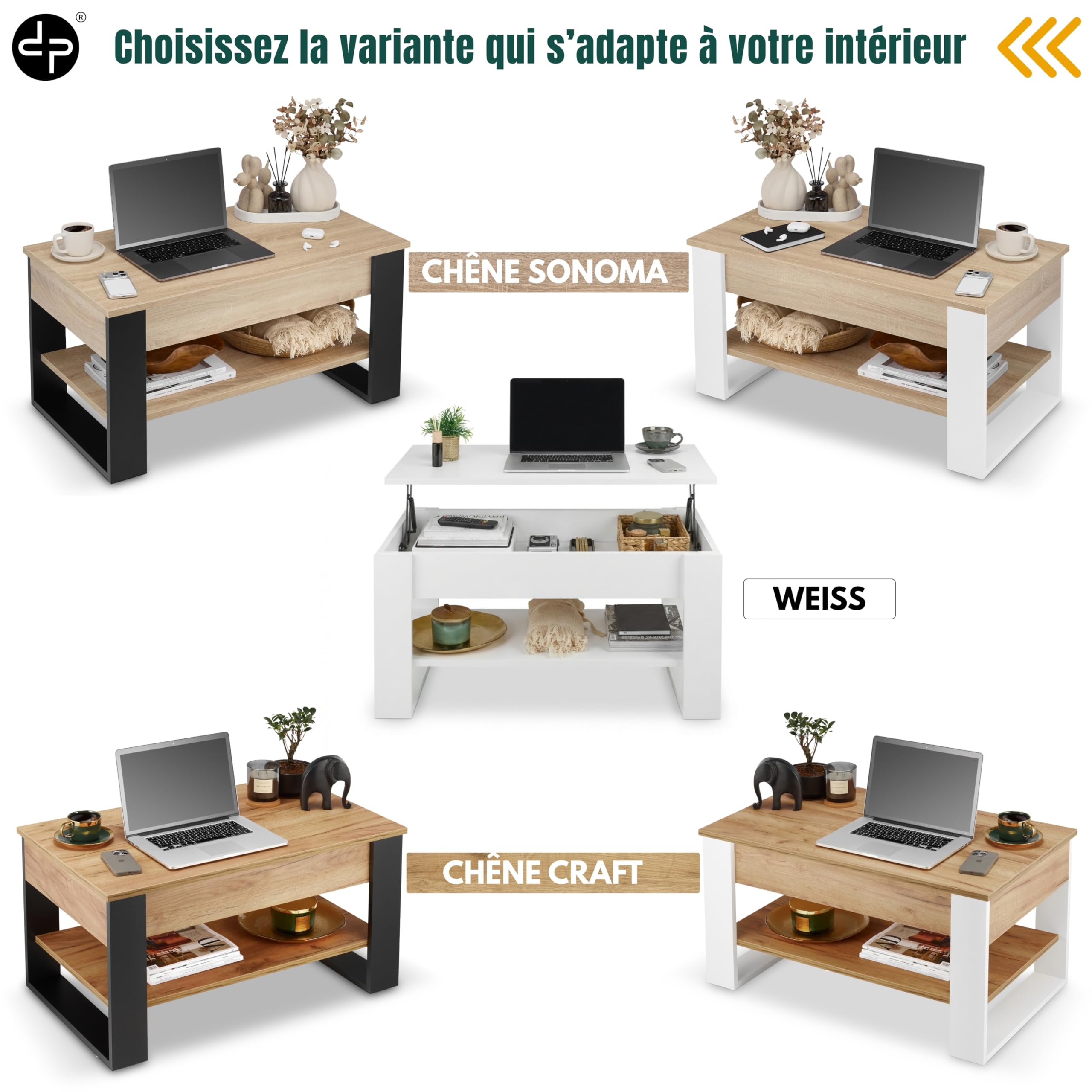 defiPad Table Basse Relevable avec Rangement – Table de Salon Moderne Industriel – Coffee Table avec Étagère et Compartiment Caché – Fabriquée en Europe – Plateau Réglable 45-61 cm (Noir + Chêne)