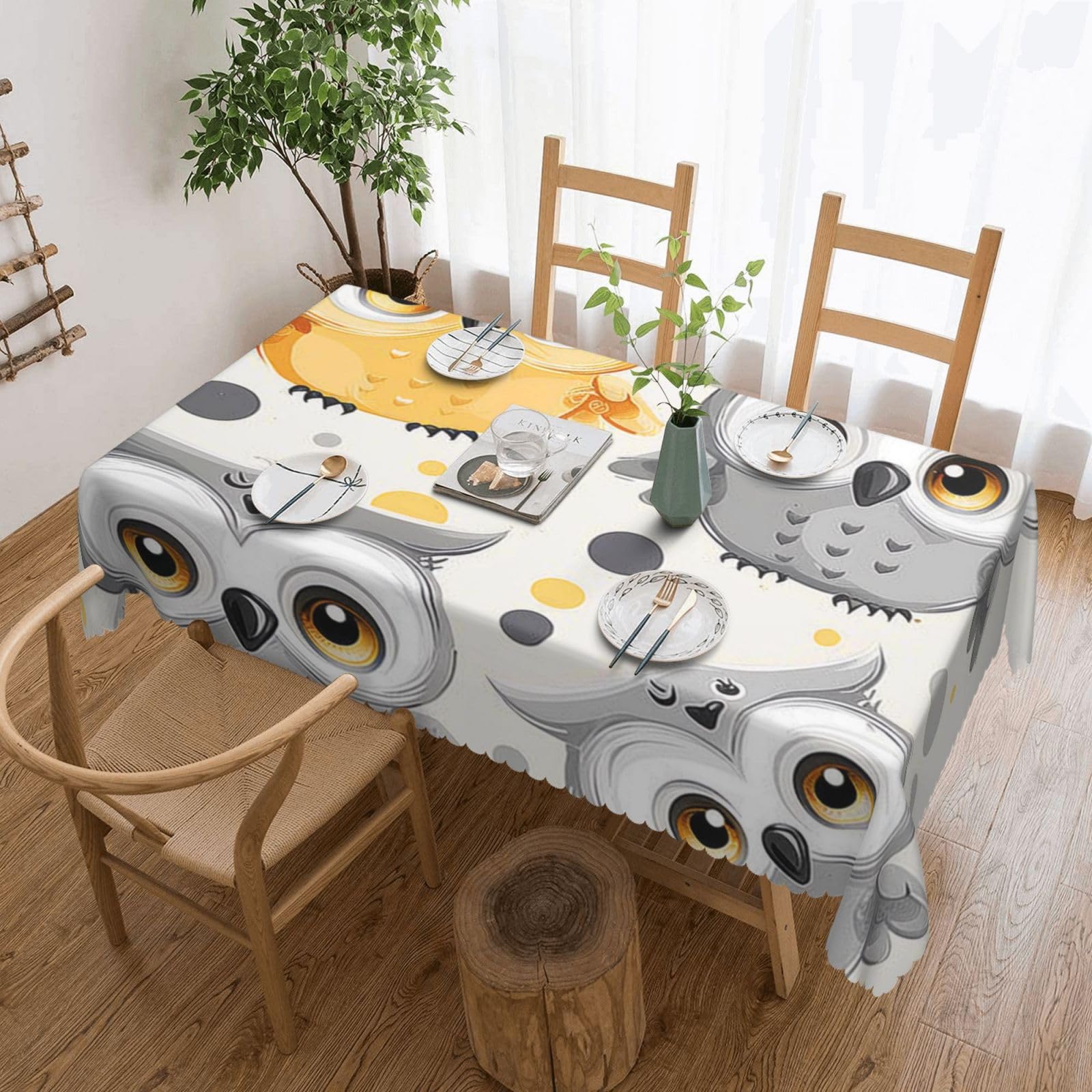 WPKJU Animal Cartoon Owls Cute Printed Rectangle Tablecloth 72x54 Inch with Lace Trim, Water-Resistant Washable Table Cover for Farmhouse Weddings, Outdoor Picnics & Holiday Dining
