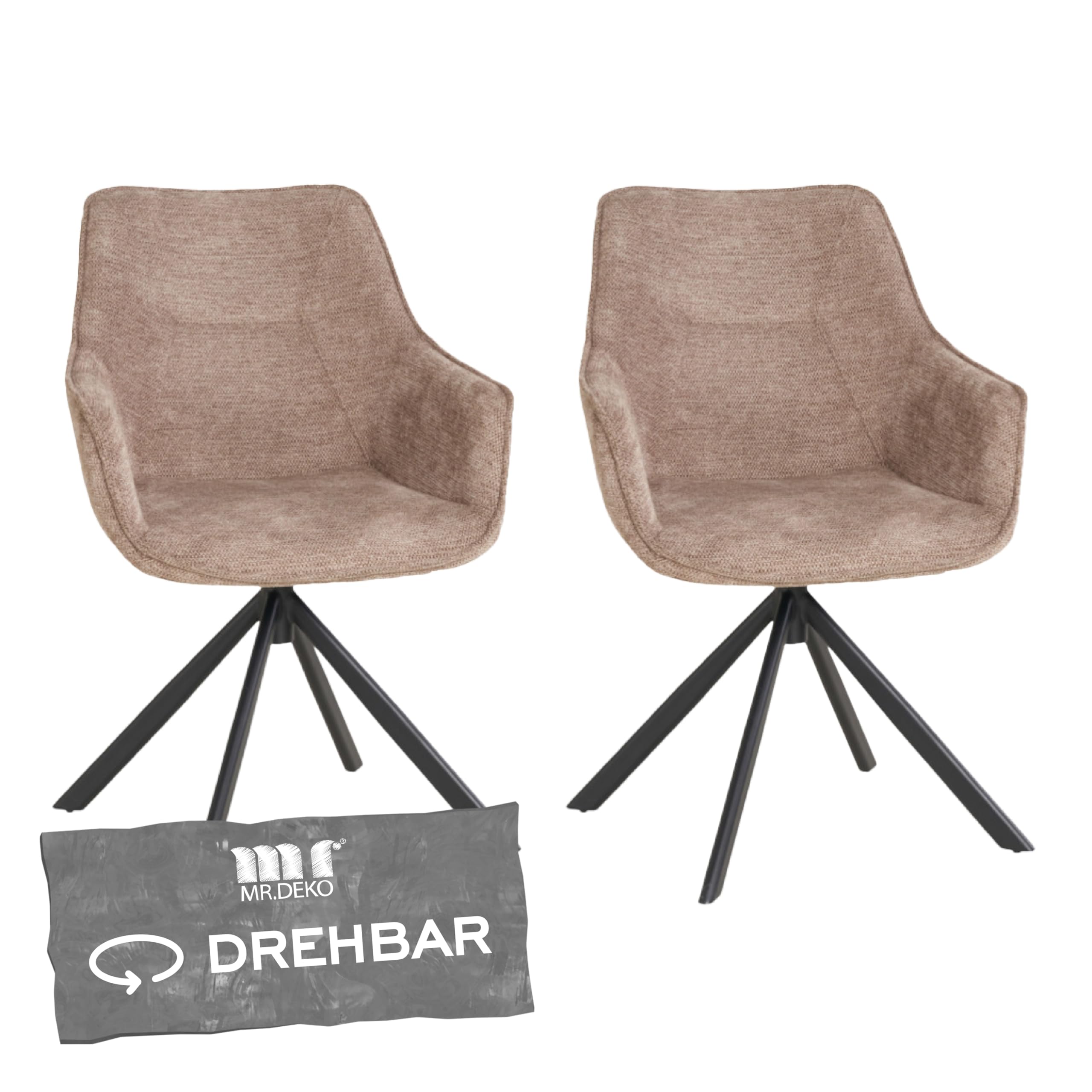 MR. DEKO Diningsessel 2-er Set San Carlo | drehbarer Esszimmerstuhl mit Armlehnen & Rückenlehne | 2 Moderne Polstersessel mit Schaumstoffkern | Drehstuhl 360 Grad | Essstuhl stabil und ergonomisch