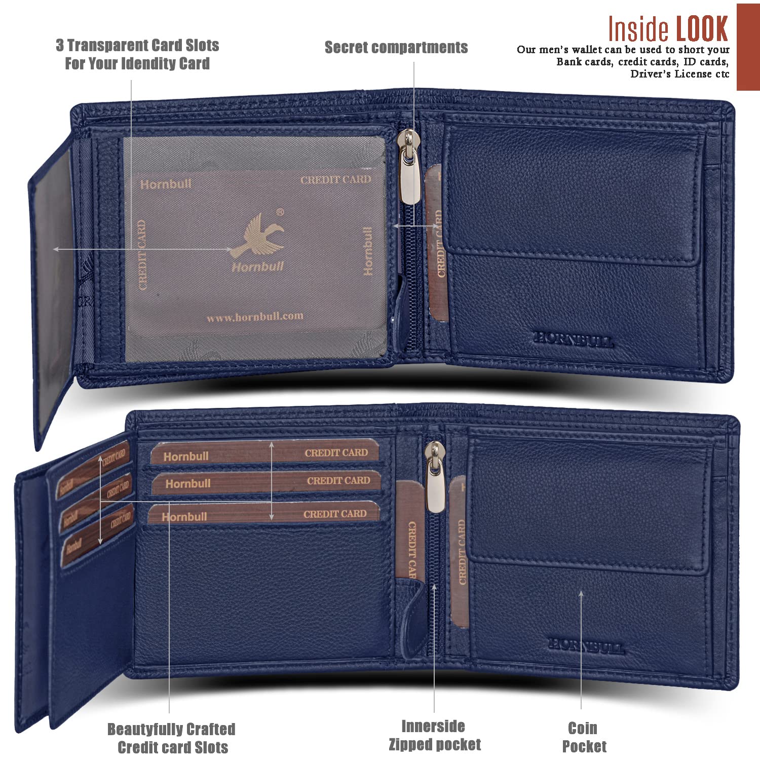 HORNBULL Navy Mens Leather Wallet, Keyring & Pen Combo Gift Set for Men | RFID Blocked, Gift Set for Men - Image 5 thumbnail