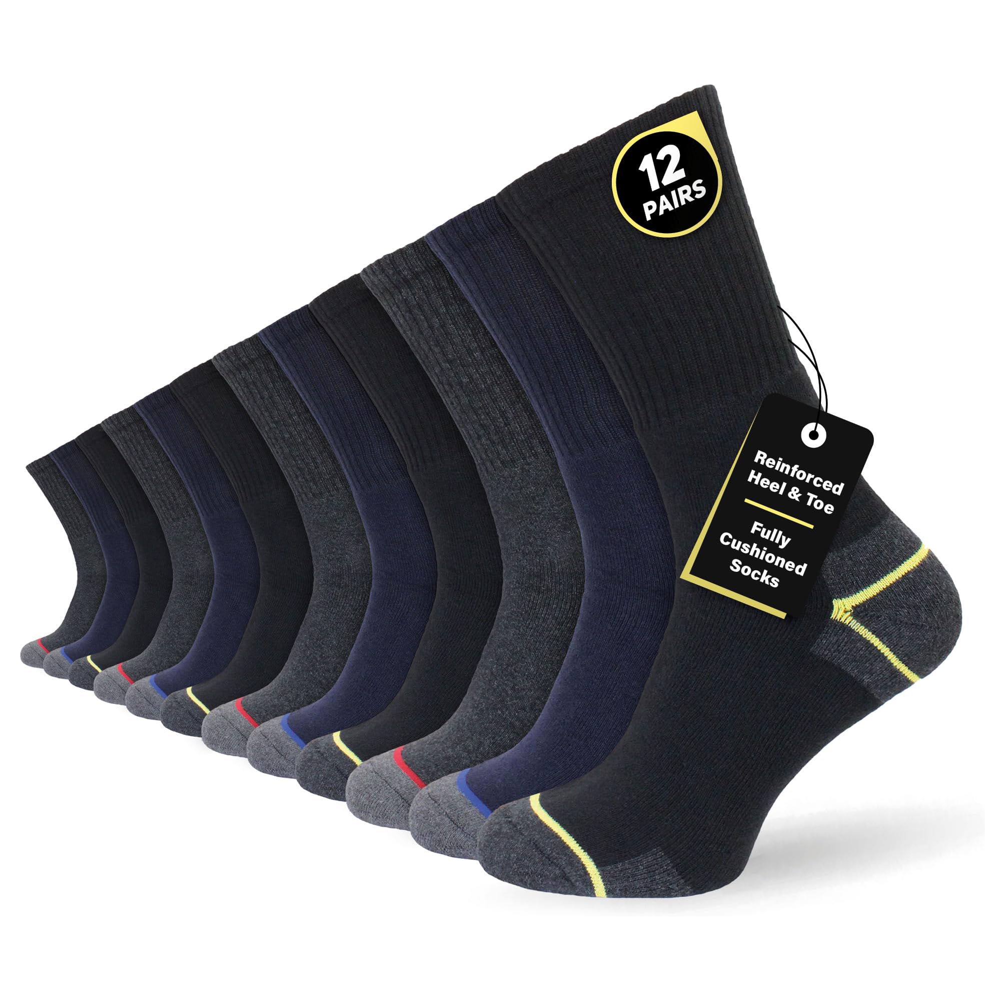 Socksmad Men's Heel & Toe ’S Work Boot Socks 12 Pack Thick Cushioned With Padded Sole Durable Heavy Duty Footwear For Steel Toe Boots Moisture Wicking Comfortable Fit For Builders Mechanics Engineers