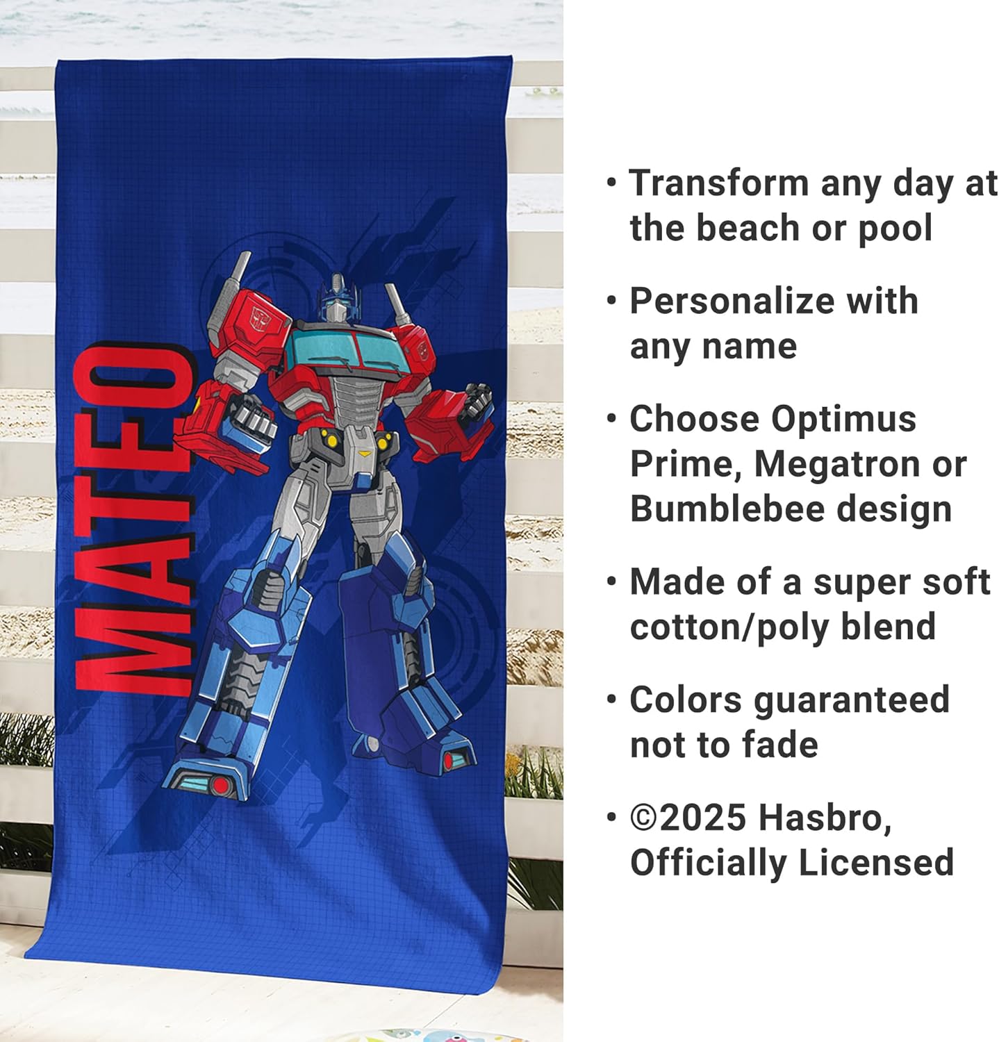 Let's Make Memories Personalized Beach Towel for Kids - Beach, Pool, Vacation, Camp, School - Personalize with Your Name - Standard - Transformers Bots - Bumblebee