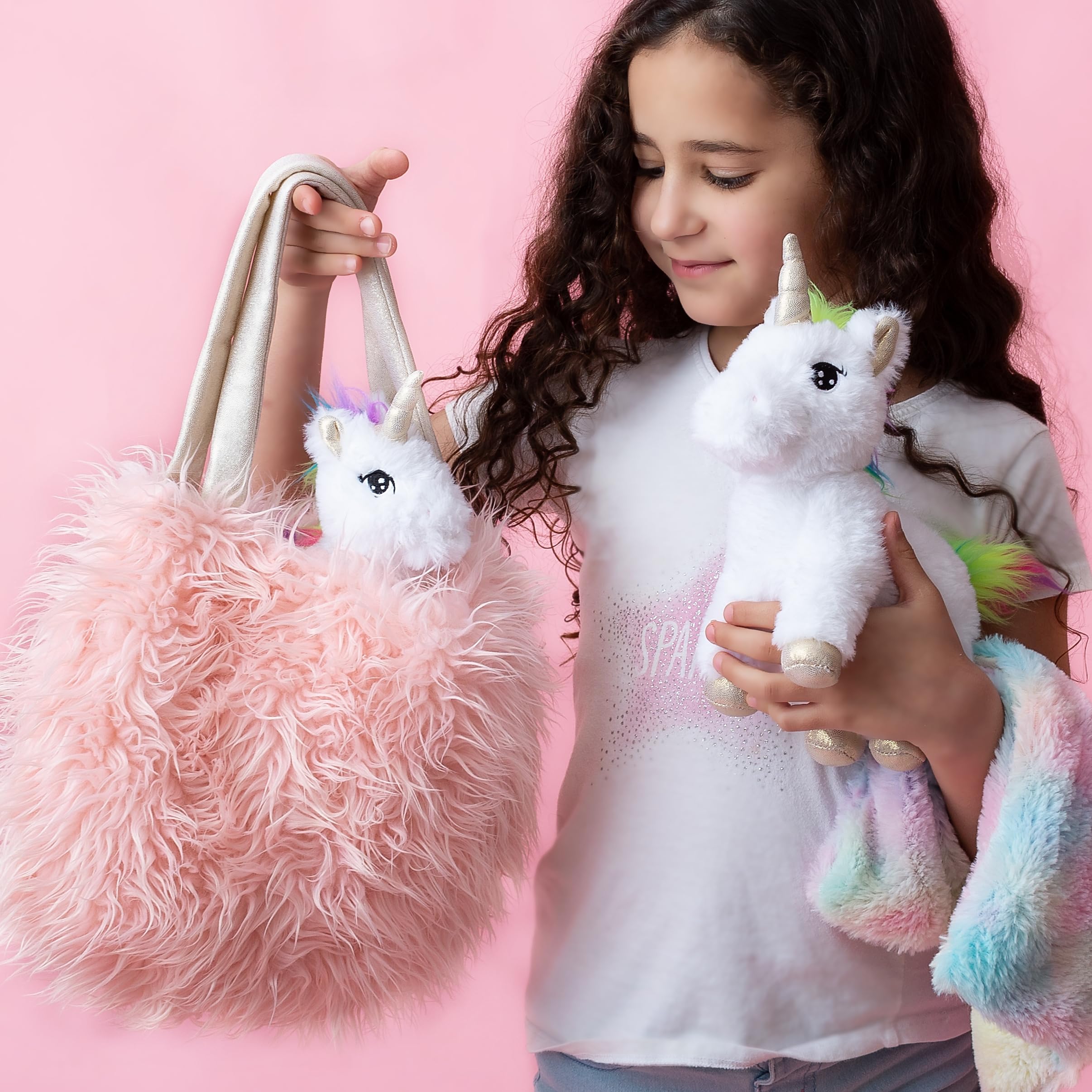 - Perfectto Design Unicorn Toy for Girls Age 3, 4, 5. 4 PCS Set - Mommy Baby Stuffed Animal, Bag and a Doll Blanket. Unicorn Gift for 3-6 Year Old Girl Birthday or Christmas. (White Rainbow)