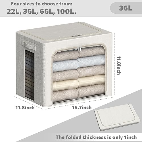 Miniatura 4 de Paquete de 6 contenedores de almacenamiento de ropa con marco de metal, plegables para ropa, caja de almacenamiento de tela de lino con ventana