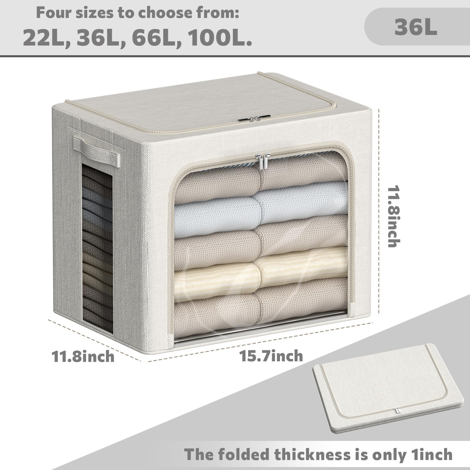 FHSQX Paquete de 2 contenedores de almacenamiento transparentes para ventana, apilables, grandes, de tela de lino, para ropa, organizador plegable con asas de transporte (blanco brillante, 15.7 x 11.8