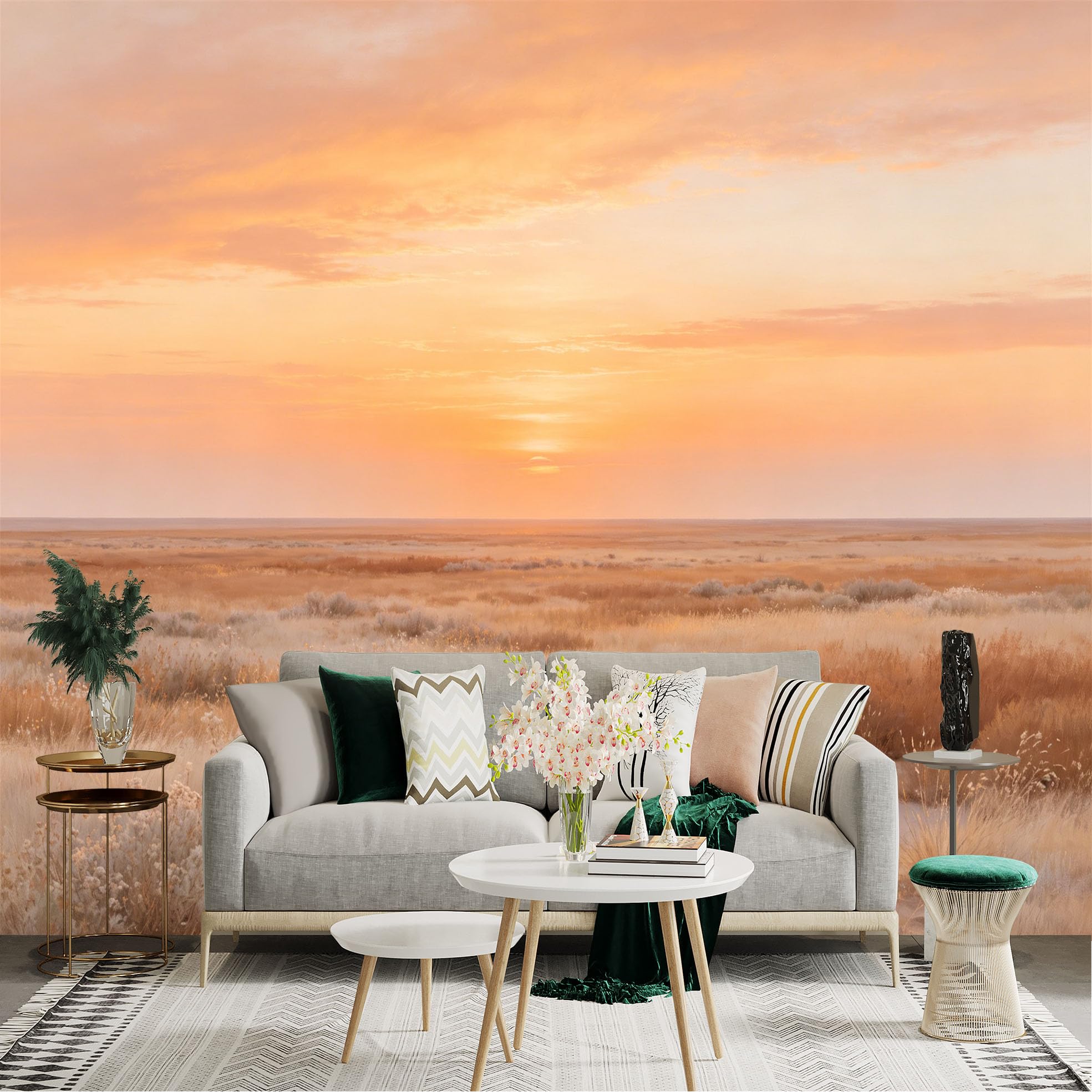 Lnzczhyre Dbh260521193 Custom Size Wall Sticker Mural， Golden Sunset Over Vast Prairie， Warm Desert Landscape， Serene Nature Scenery， For Wall Decoration， Peelandstick Wall Decals.