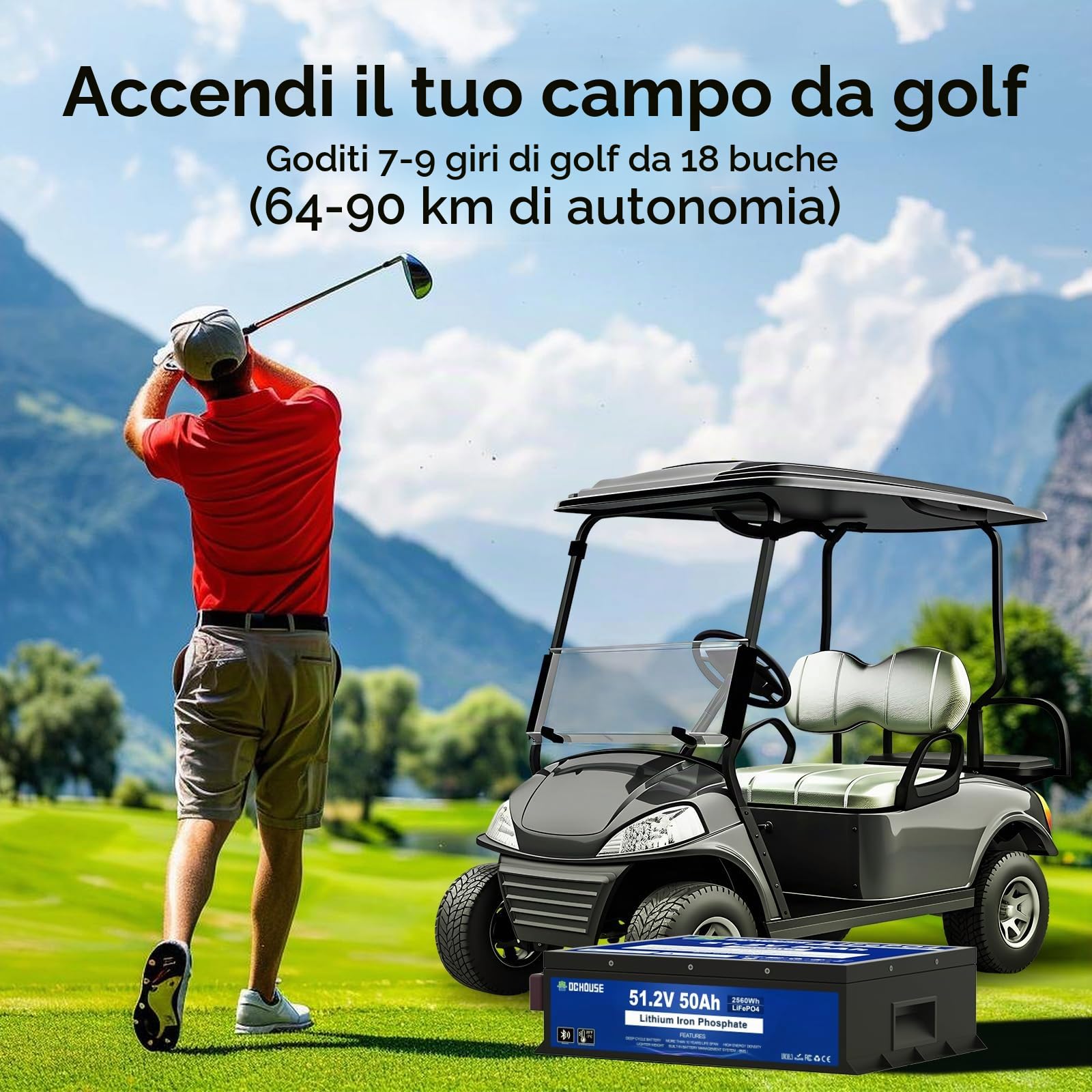 DCHOUSE Batterie LiFePO4 48V 100Ah (Pack 2×48V 50Ah), Bluetooth con App e Monitor, BMS 100A, Protezione Bassa Temperatura, Struttura in Metallo, per Golf Cart, Camper e Impianti Solari Off-Grid