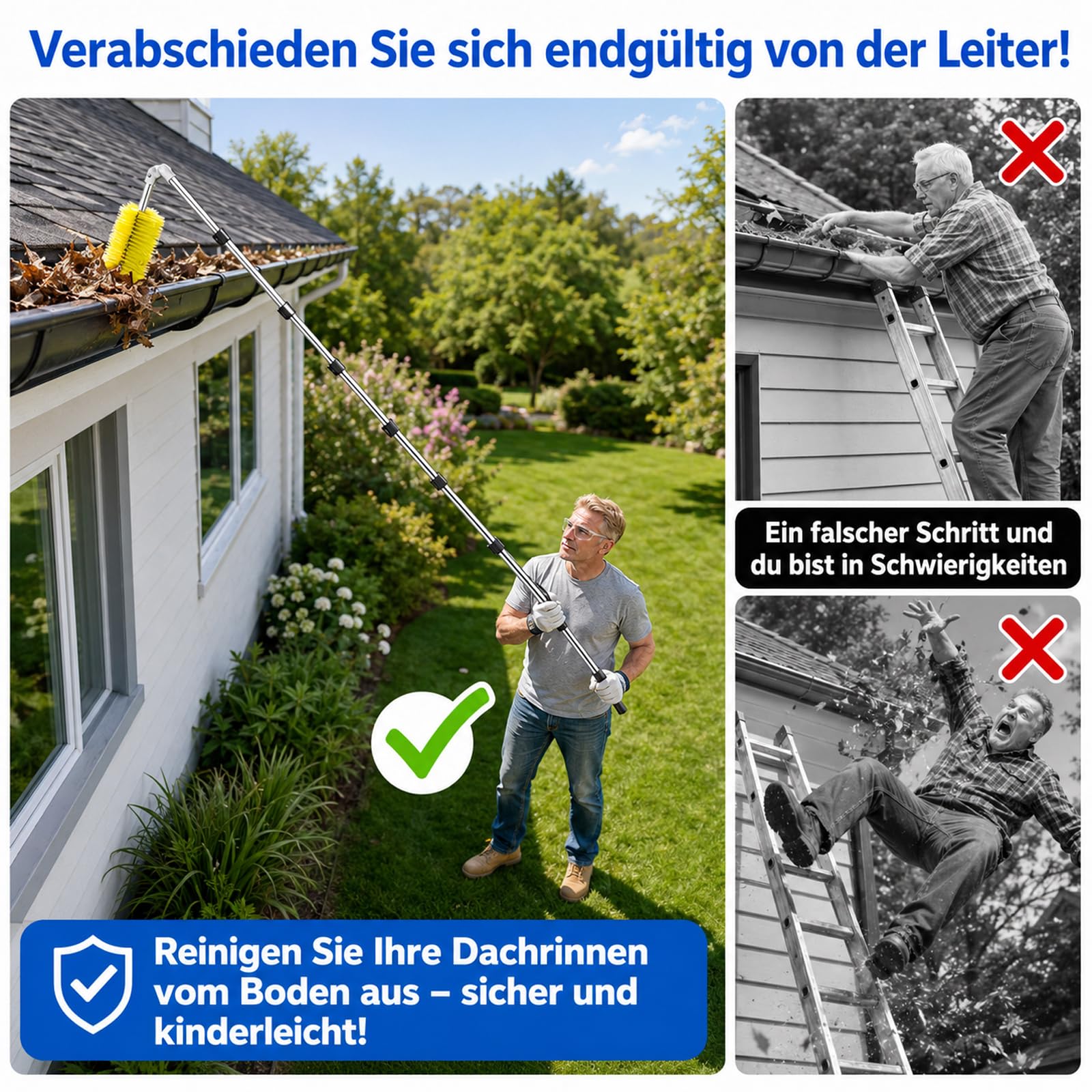 4M Dachrinnenreiniger - Teleskop Dachrinnenreiniger | Con cabezal giratorio de 180° y cepillo intercambiable, limpiador de canalones para limpiar canalones, jardines