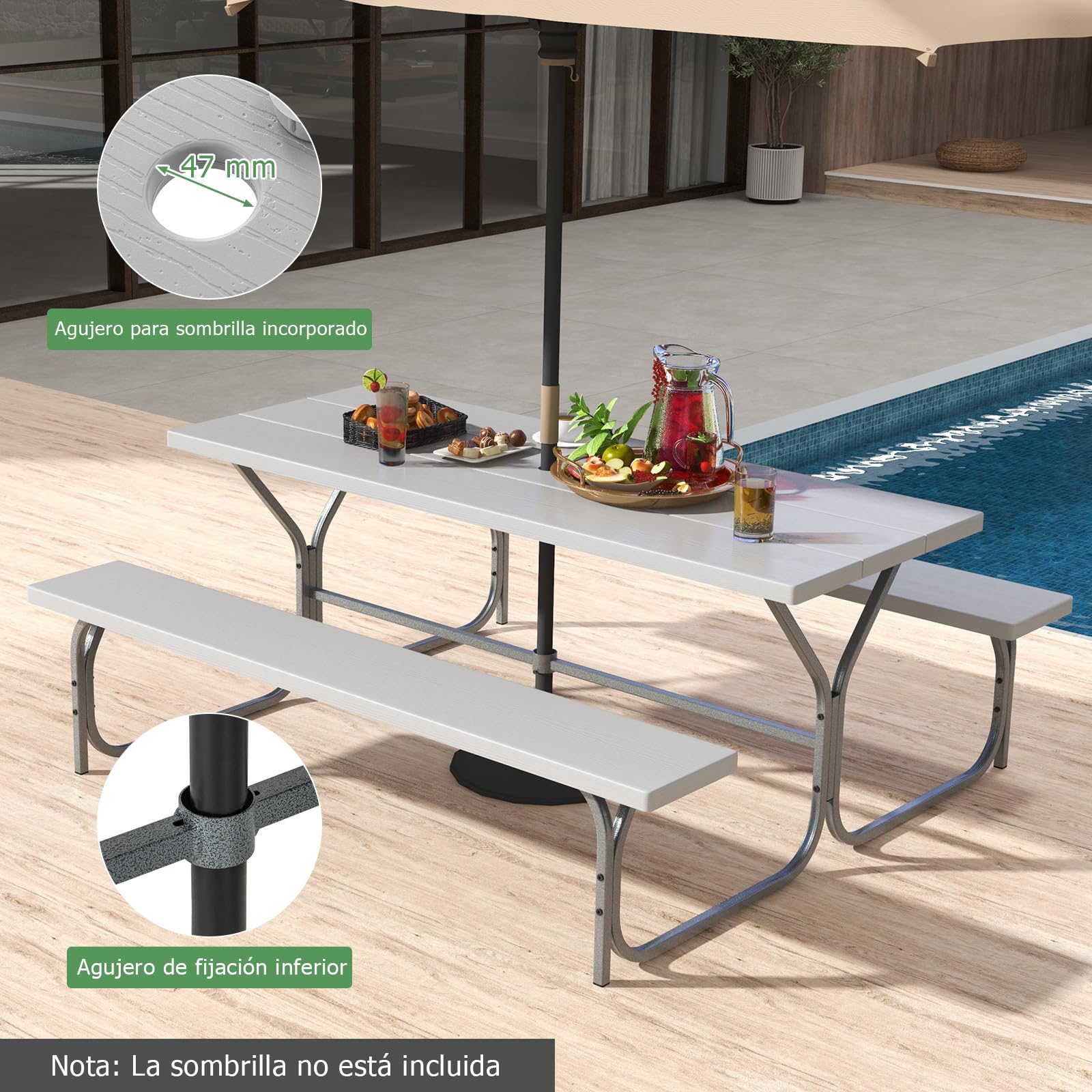 COSTWAY Conjunto Mesa y Banco de Picnic de 8 Personas, 2 Bancos con Marco de Metal y Mesa de HDPE, Mesa y Sillas Camping, Orificio para Sombrilla, 183 x 161 x 76 cm (Gris)