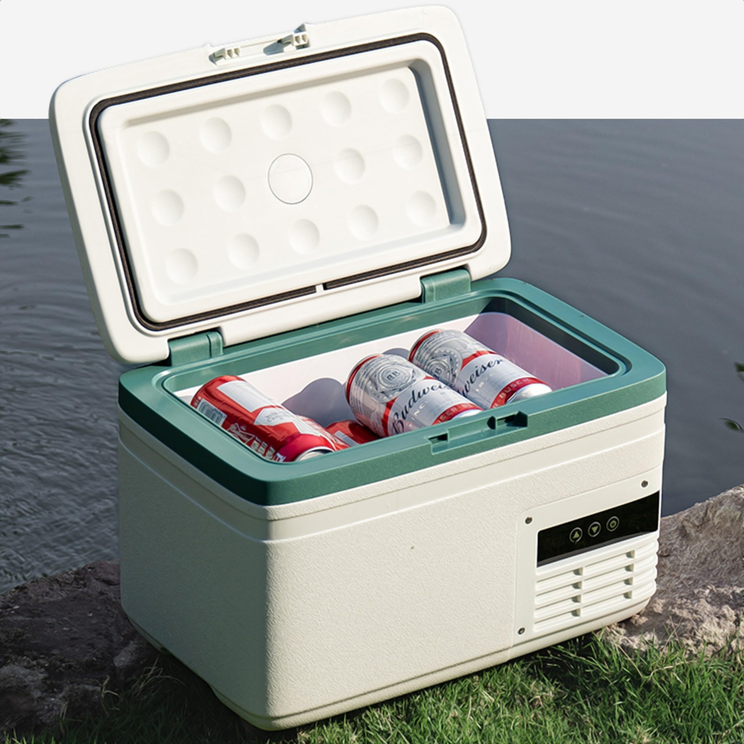 Lodówka Turystyczna Kompresorowa 15L – Kompaktowa Mini Lodówka z Aplikacją i Trybem ECO, 12V/24V/230V do Samochodu, Ciężarówki, Biura i na Kemping, Zamrażarka do -20°C, Szaro-Zielona
