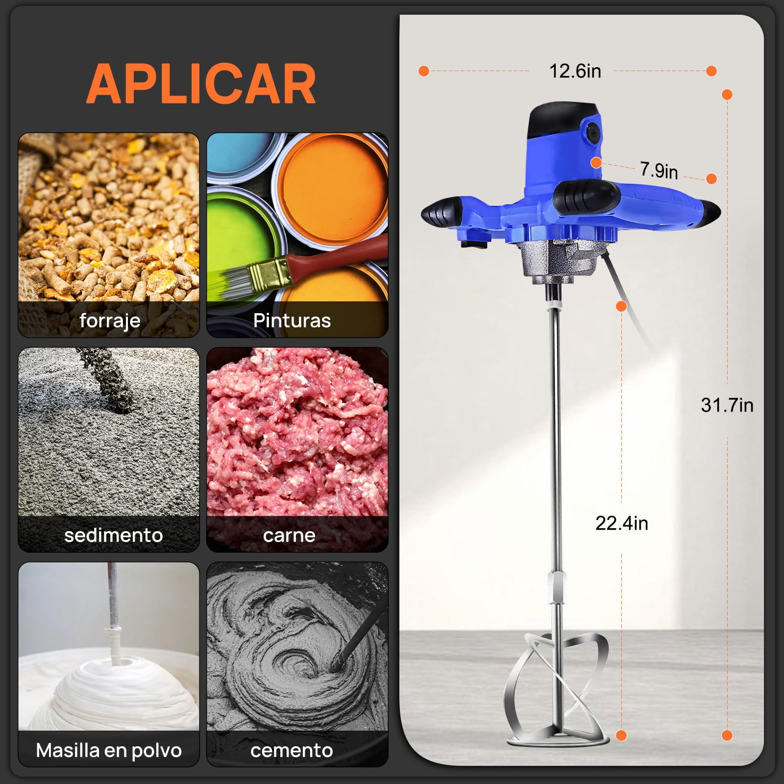 Mezclador de Mortero 2600W,Malaxeur Mortier Colle de Hormigón Eléctrico, Agitador M14 Ajustable, 6-Velocidad Variable Mezclador Eléctrico, Lechada de Cemento, Hormigón，Pintura