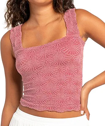 Women's Square Neck Wide Strap Crop Tank Tops Flower Going Out Tops Slim Fit Lettuce Trim Crop Cami Tops