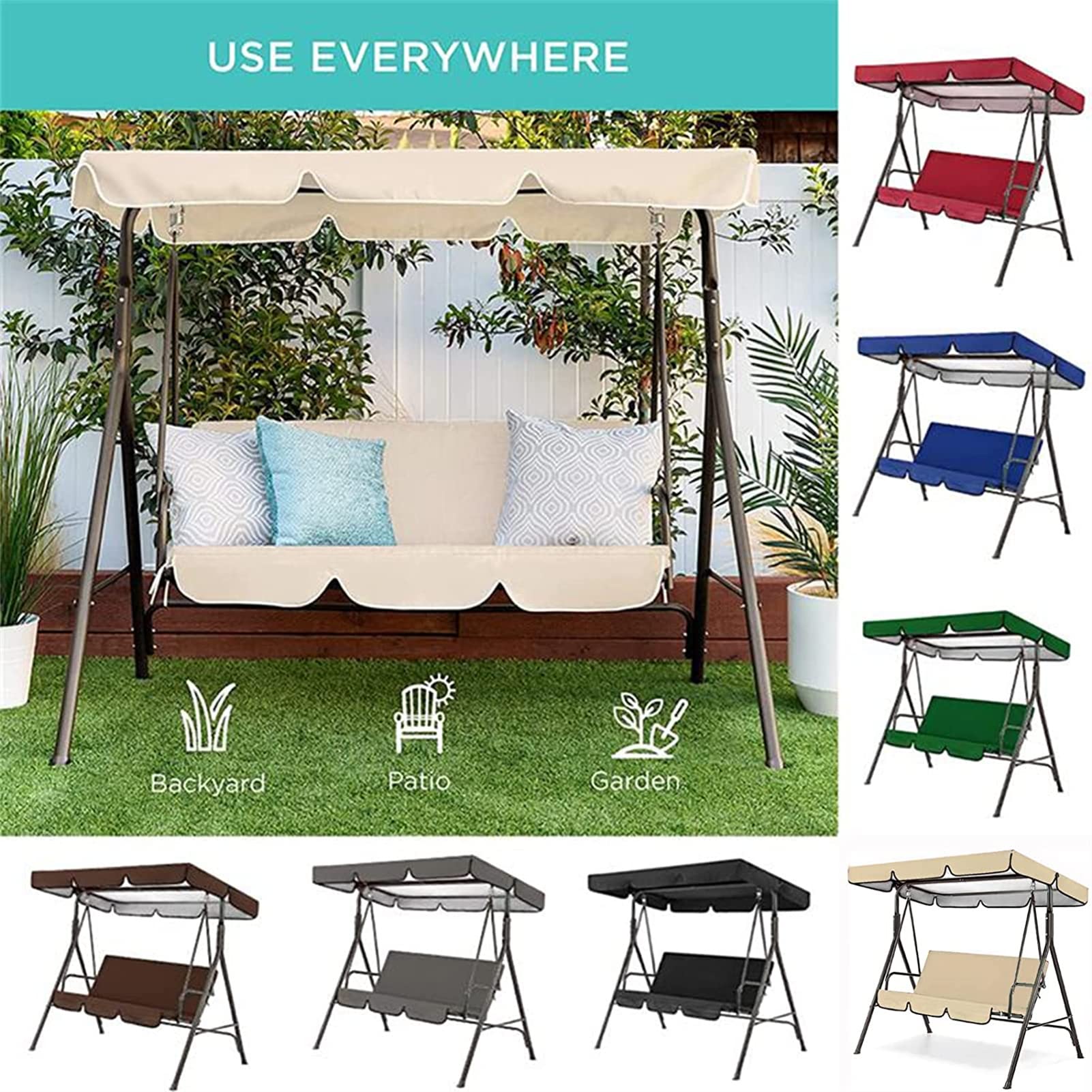 Fodera per Cuscino Altalena da Patio, Set di Copertura Tetto E Sedile Dondolo A 2-3 Posti, Impermeabile Anti-UV Fodera Dell'Altalena per Tettuccio Parasole (190x132x15cm/75x52x6'',Nero)