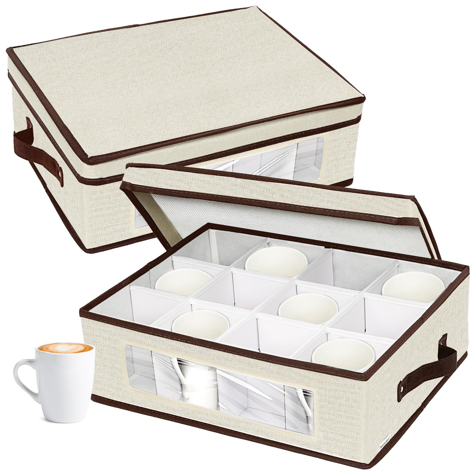 homyfort Lot de 2 boîtes de rangement pour tasses avec séparateurs, boîtes de rangement pour tasses en porcelaine à coque rigide avec compartiments pour 24 tasses à thé et tasses à café (beige)