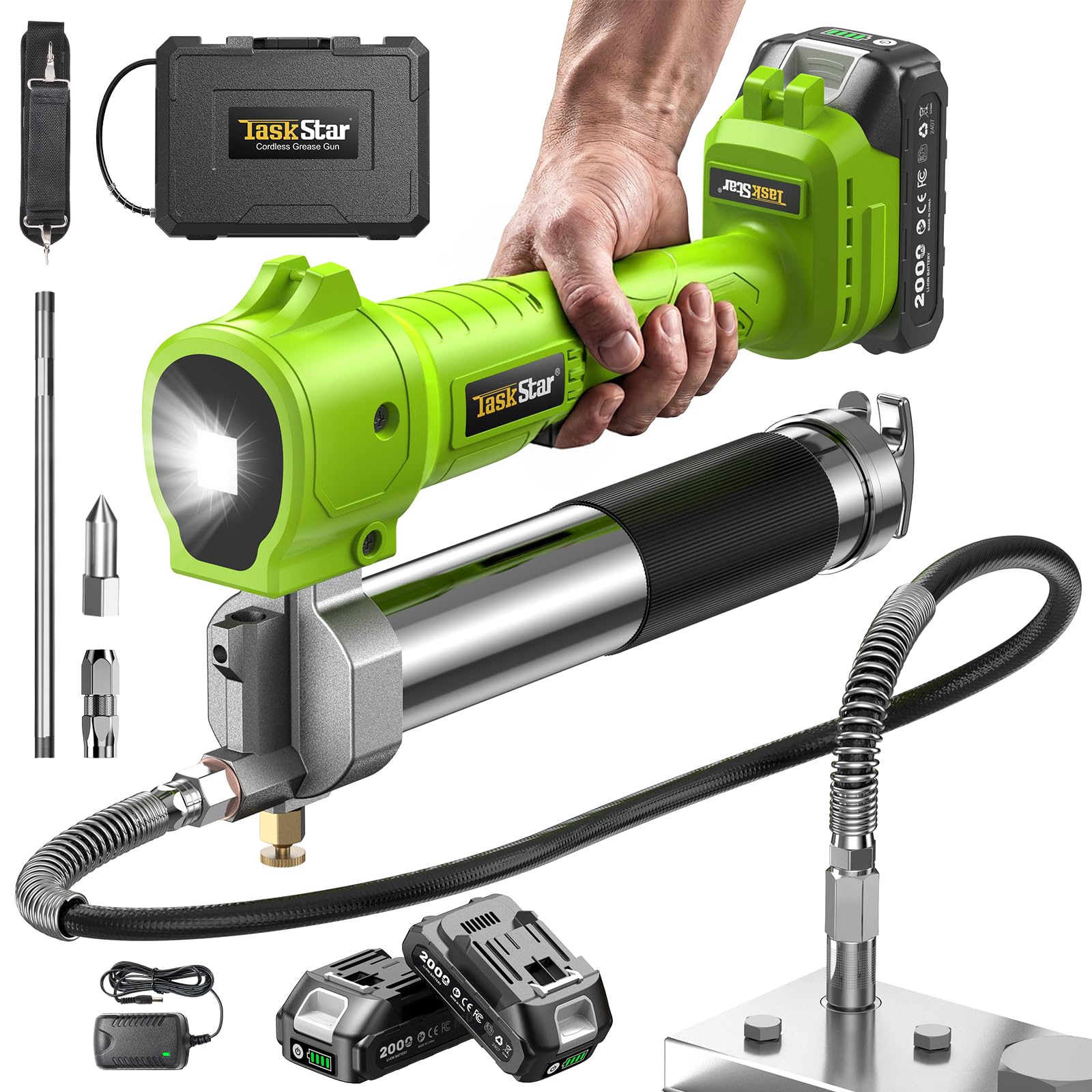 TaskStar Engrasadora Batería, [Super Eficiente] Kit de Pistola de Engrasar Eléctrica con 2 Baterías y Cargador, Manguera Flexible de 39,4”, Engrasadora de 10000 PSI con Luz LED Super Brillante, Verde