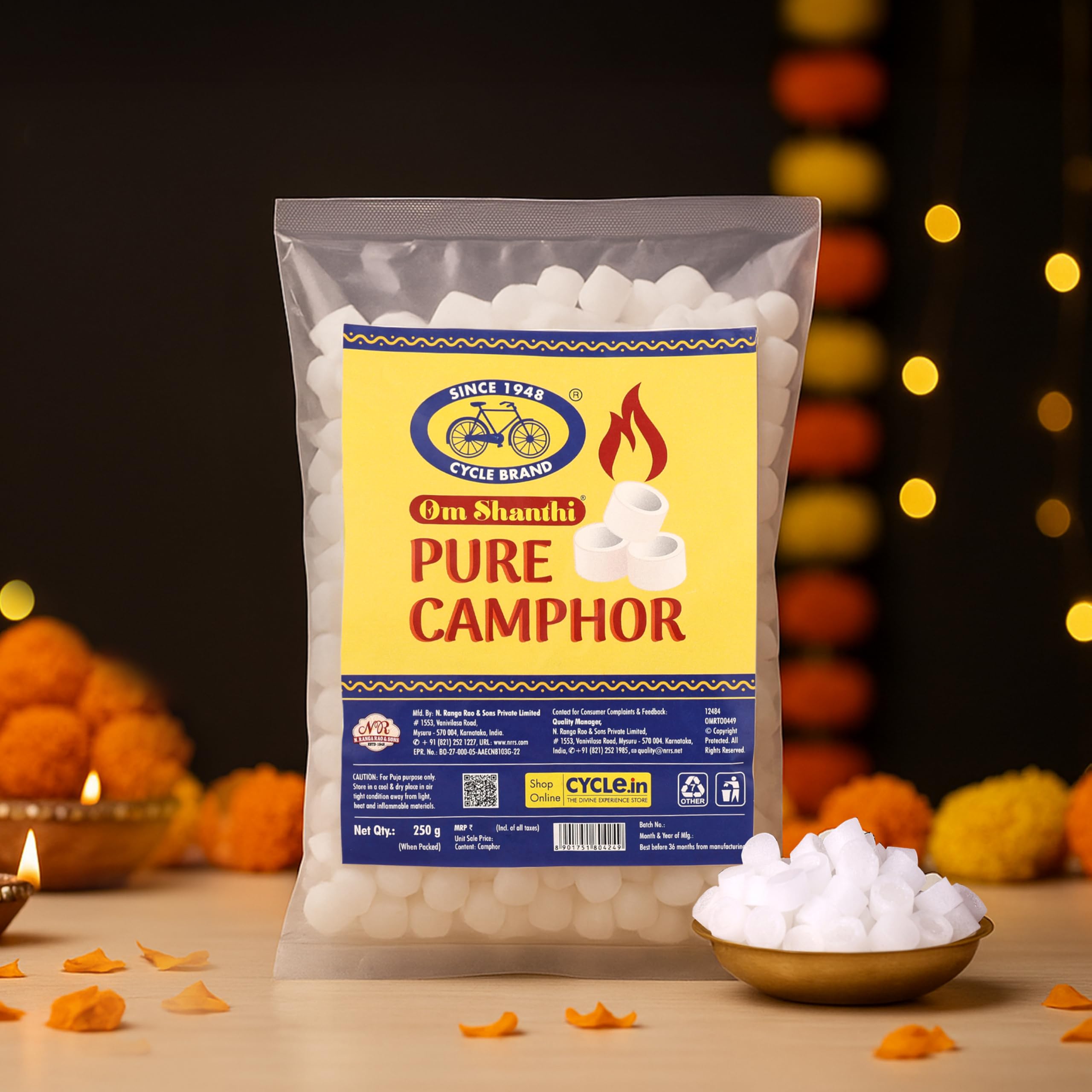 Cycle Pure Om Shanthi Round Tablet Camphor Pouch – 250g | Pure & Residue-Free | Long-Lasting Fragrance