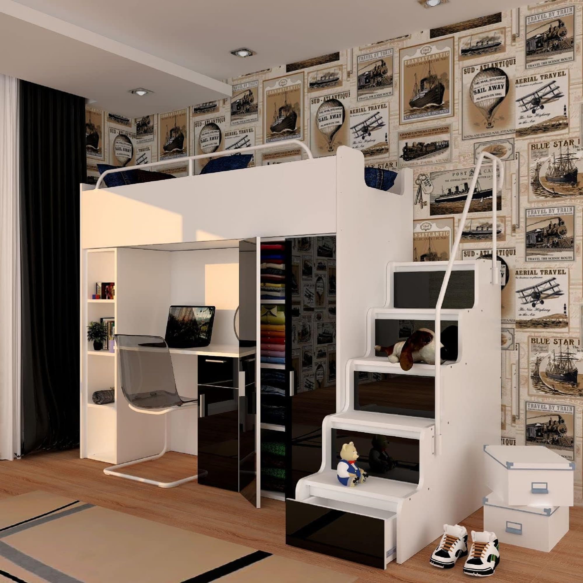 Hochbett JSM-4 80x190 mit Kleiderschrank Schreibtisch und Treppe Hochglanz Kinderbetten Funktionsbett Etagenbett Stockbett Kinderhochbett Jugendhochbett (Schwarz Glanz)