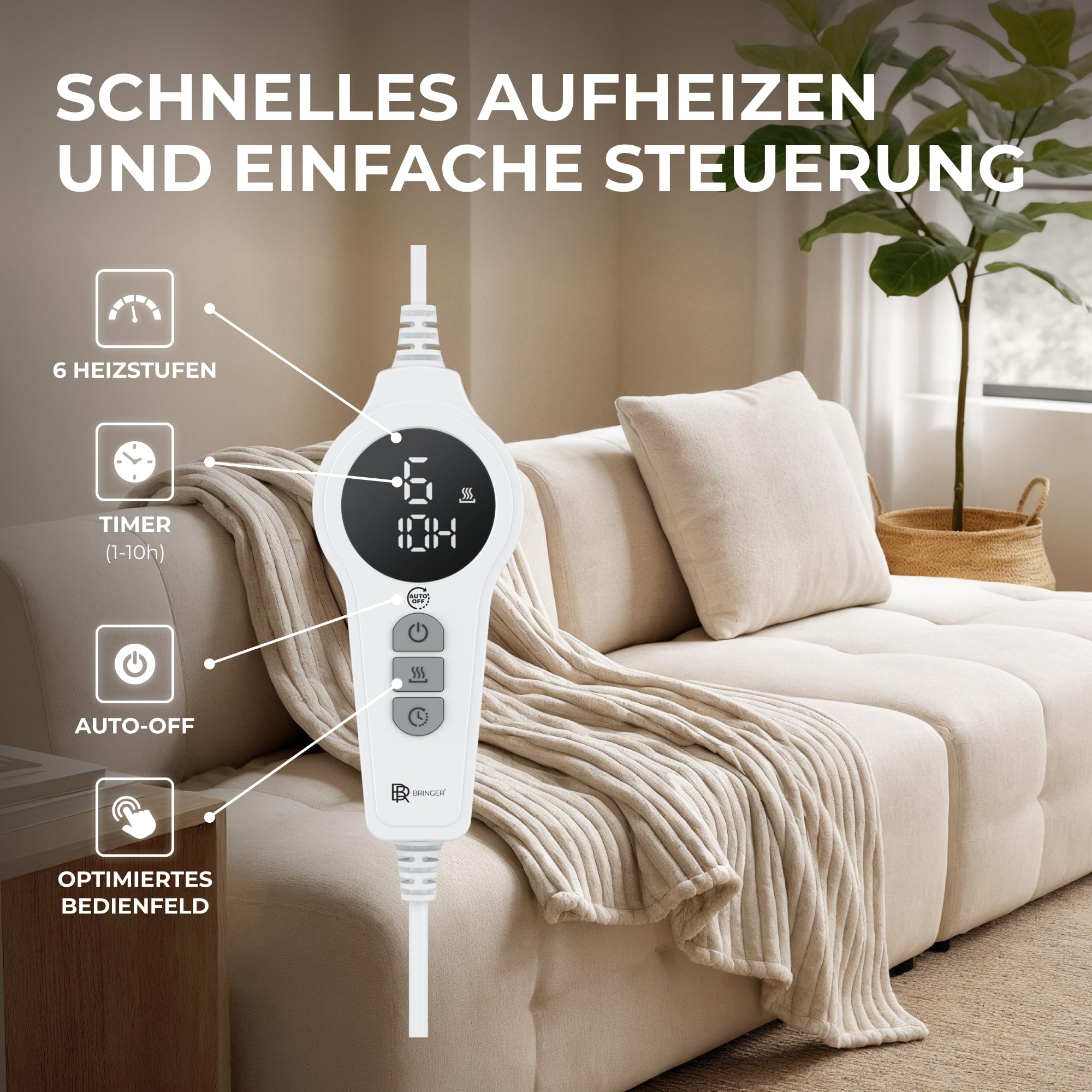 BR Bringer Infrarot Heizdecke - elektrische Kuscheldecke mit Abschaltautomatik & Überhitzungsschutz - 6 Heizstufen, Timer bis 10h, Kabel 2,45m, maschinenwaschbar, OEKO-TEX (200x180cm, Nordic Taupe)