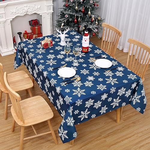 Miniatura 2 de CAROMIO Mantel de Navidad, manteles de Navidad rectangulares de 60 x 120 pulgadas, mantel de invierno de Navidad con copos de nieve azul, decoración